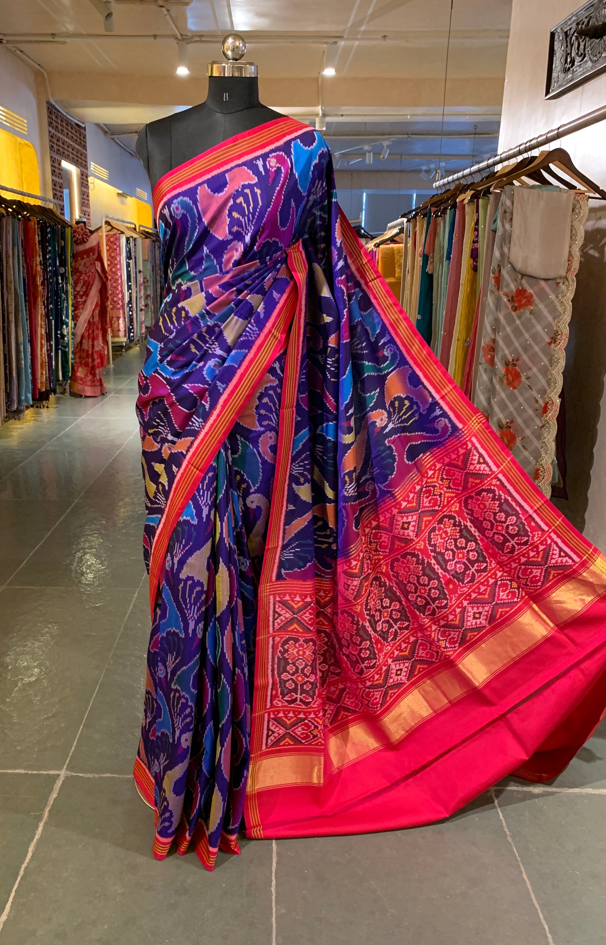Purplish Blue and Reddish Pink Patan Patola Saree with Statement Swan Pattern
