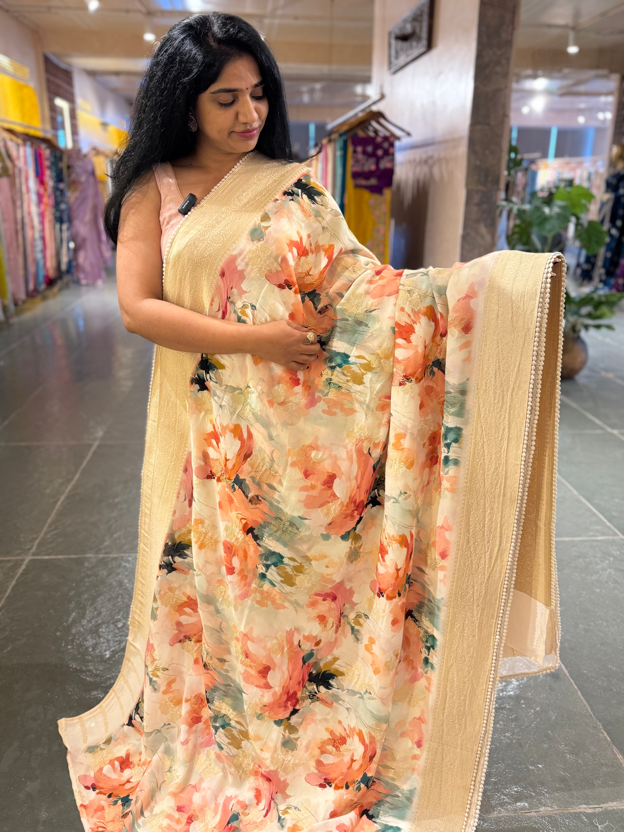 Lilac Pink Banarasi Khaddi Gorgette Sarees with Floral Print