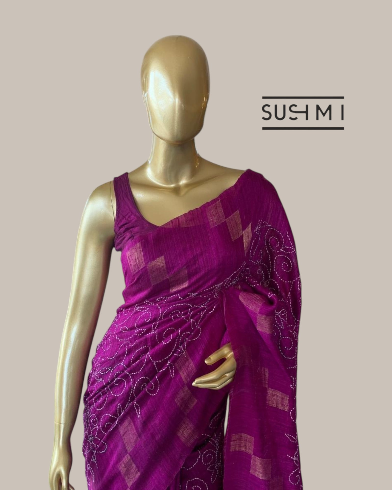 Majenta Makta Tussar Saree with Jamdani weaving and allover hand katha work