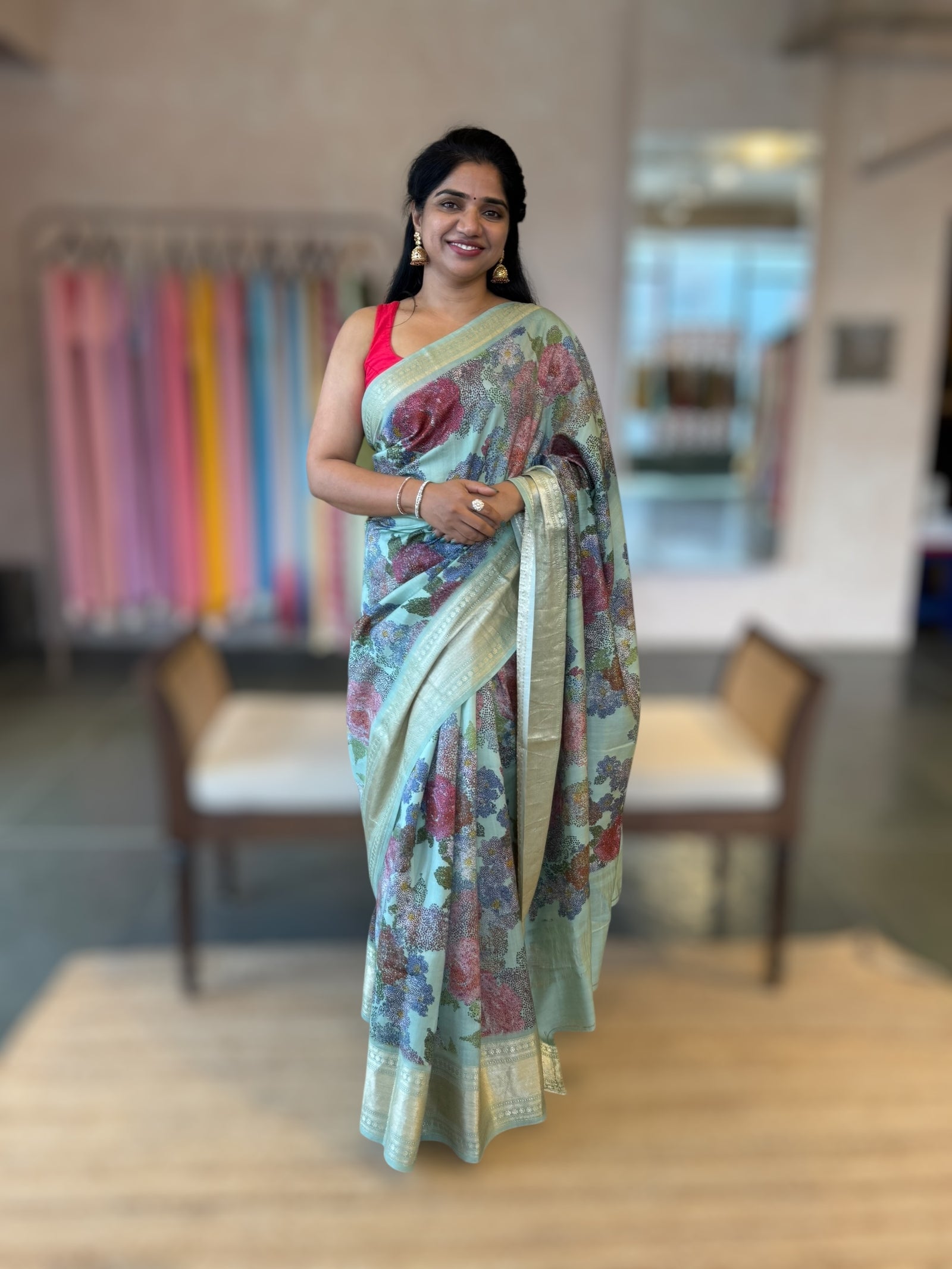 Pista Chiniya Silk Saree With Petite Point  Emb Style Print