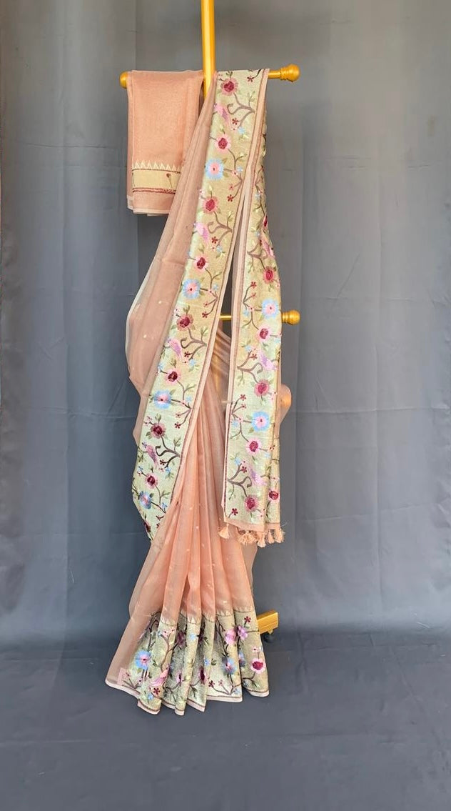 KTPA1410 Peach Kota Tissue Stripes Saree with Tissue Pythani Skirt Border