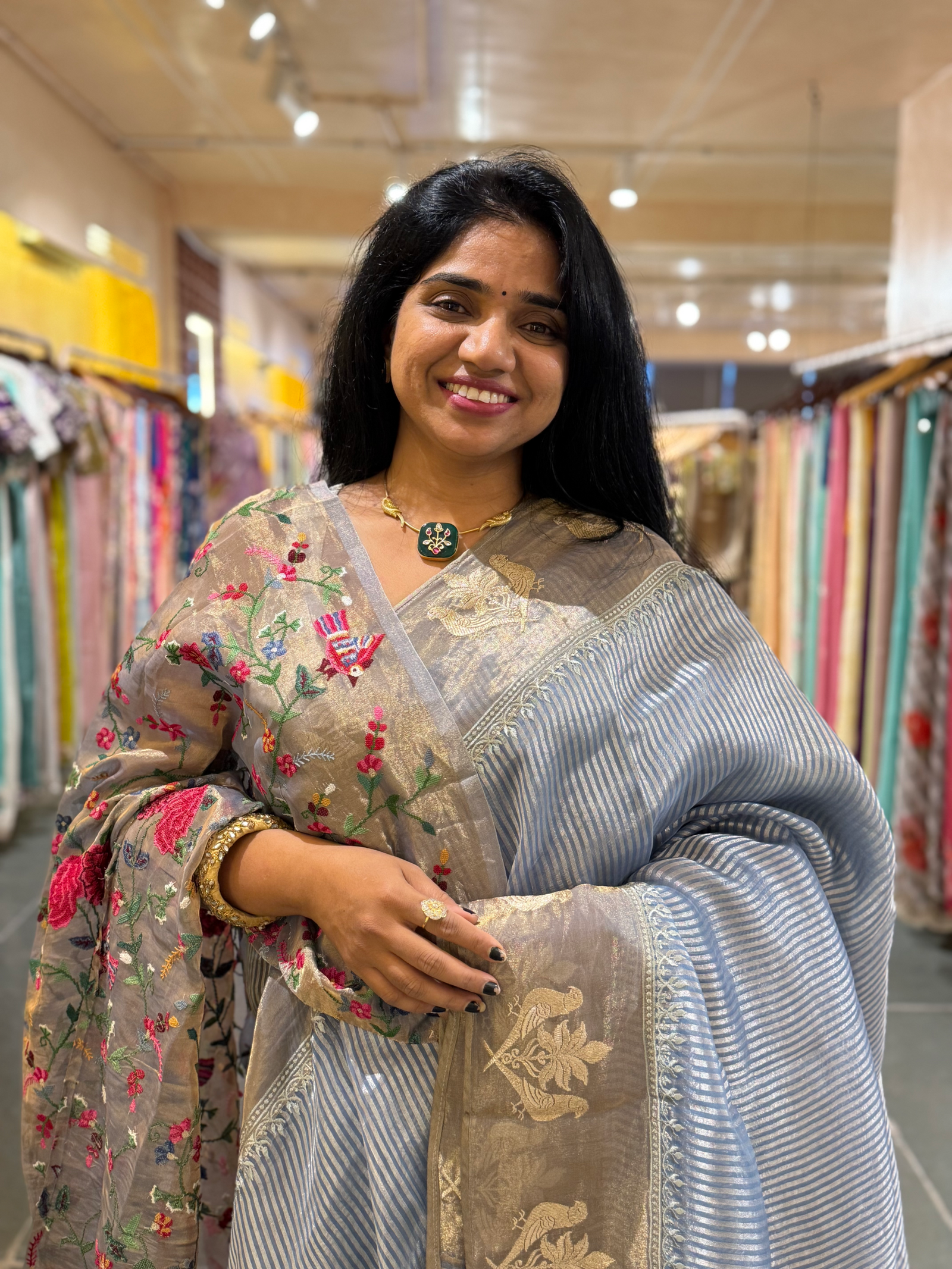 Corn Flower Blue Kora Tissue stripes saree wth tissue Embroidered Border
