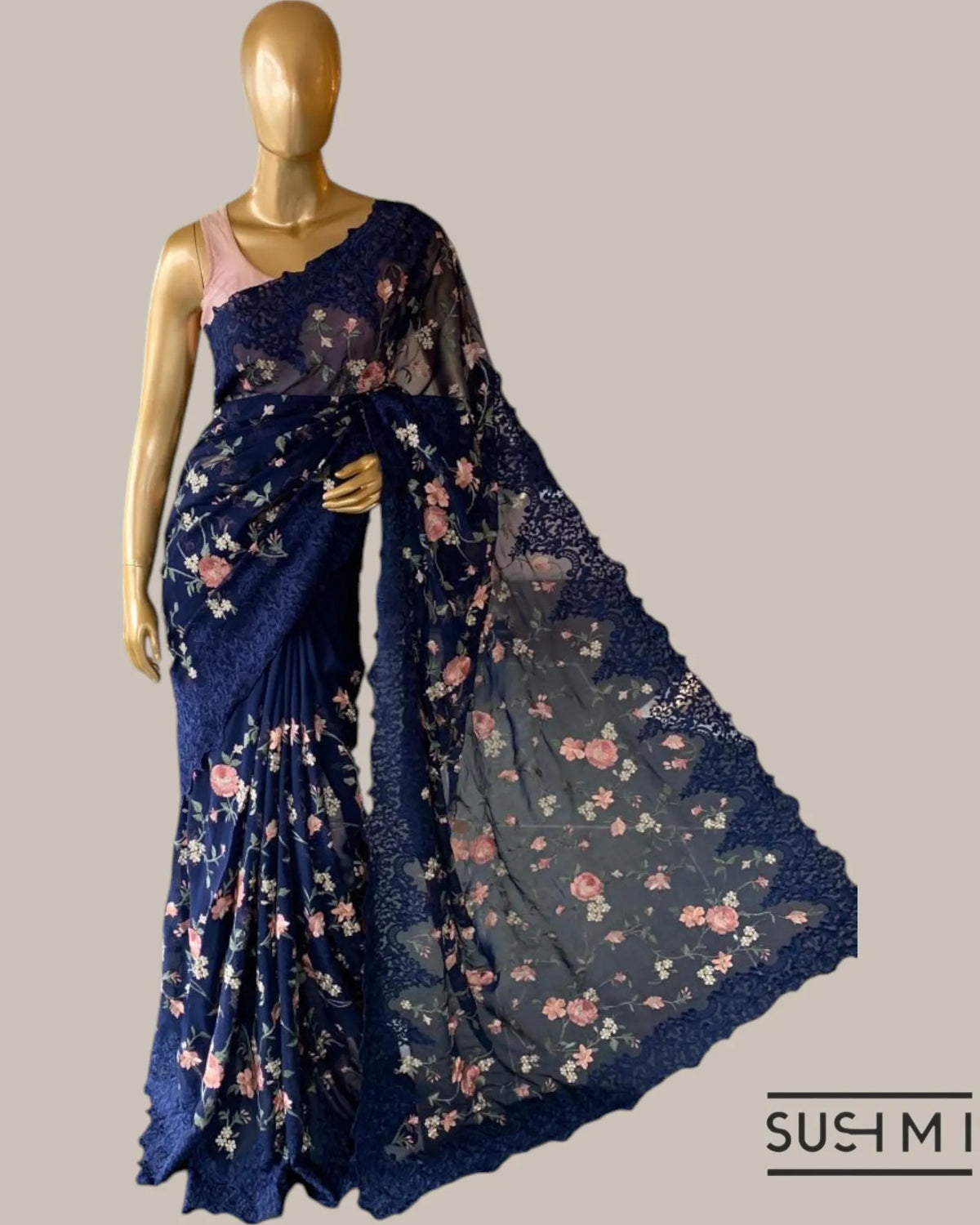 Midnight Blue Pure Gorgette Saree With Petite Point Style Allover Embroidery   O
