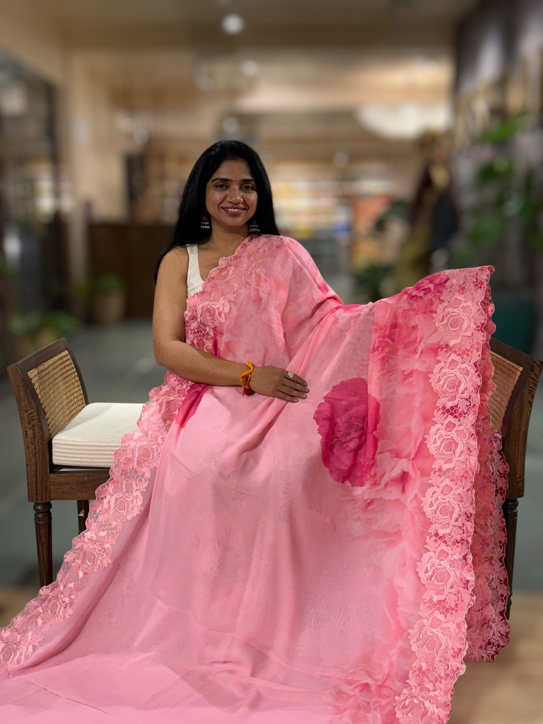 Onion Pink Gorgette  Saree With Chatilly Lace Style Cutwork embroidered Border