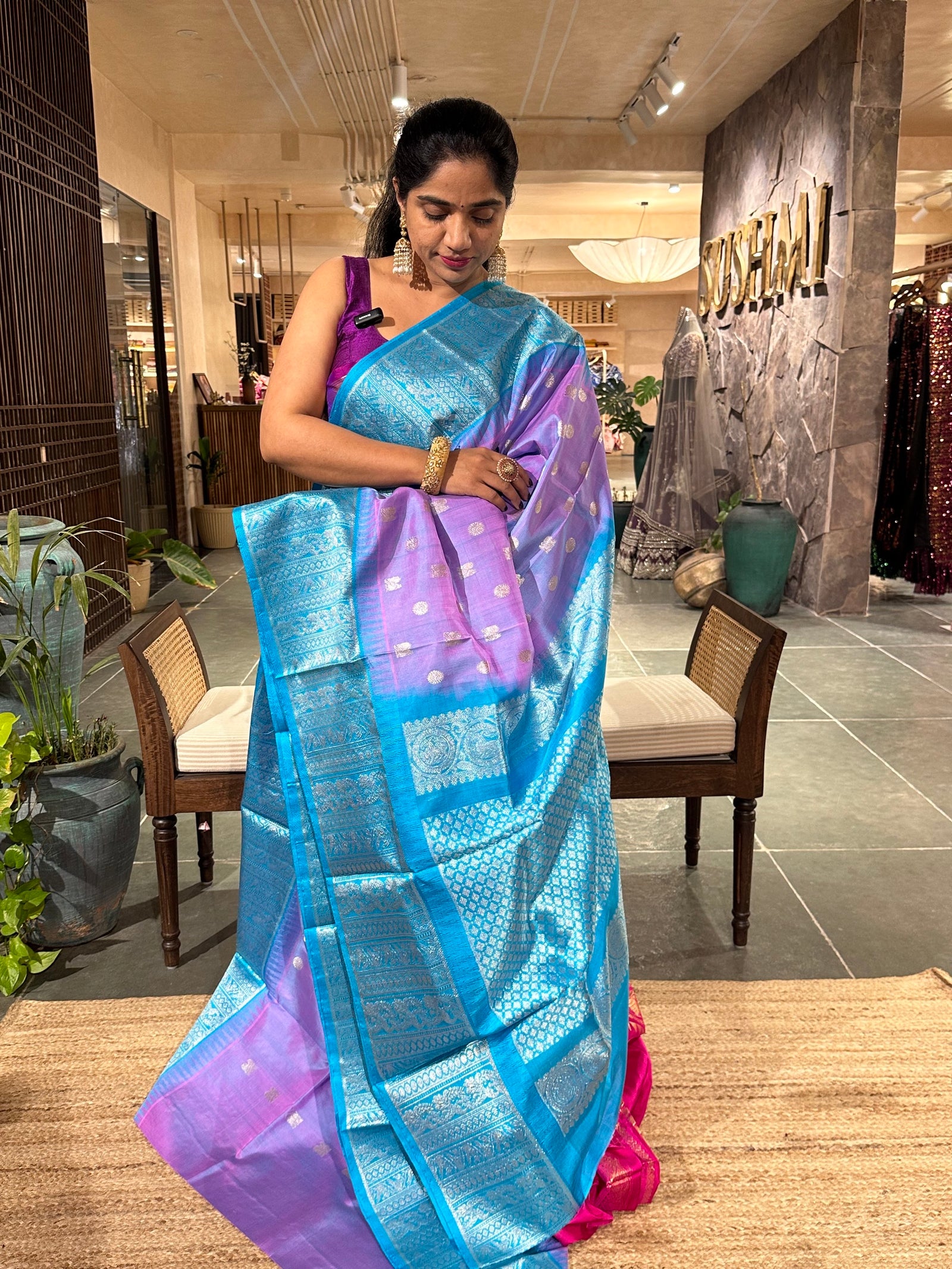 Lilac and Blue Combo Venkatagiri Handloom Pure Silk Saree