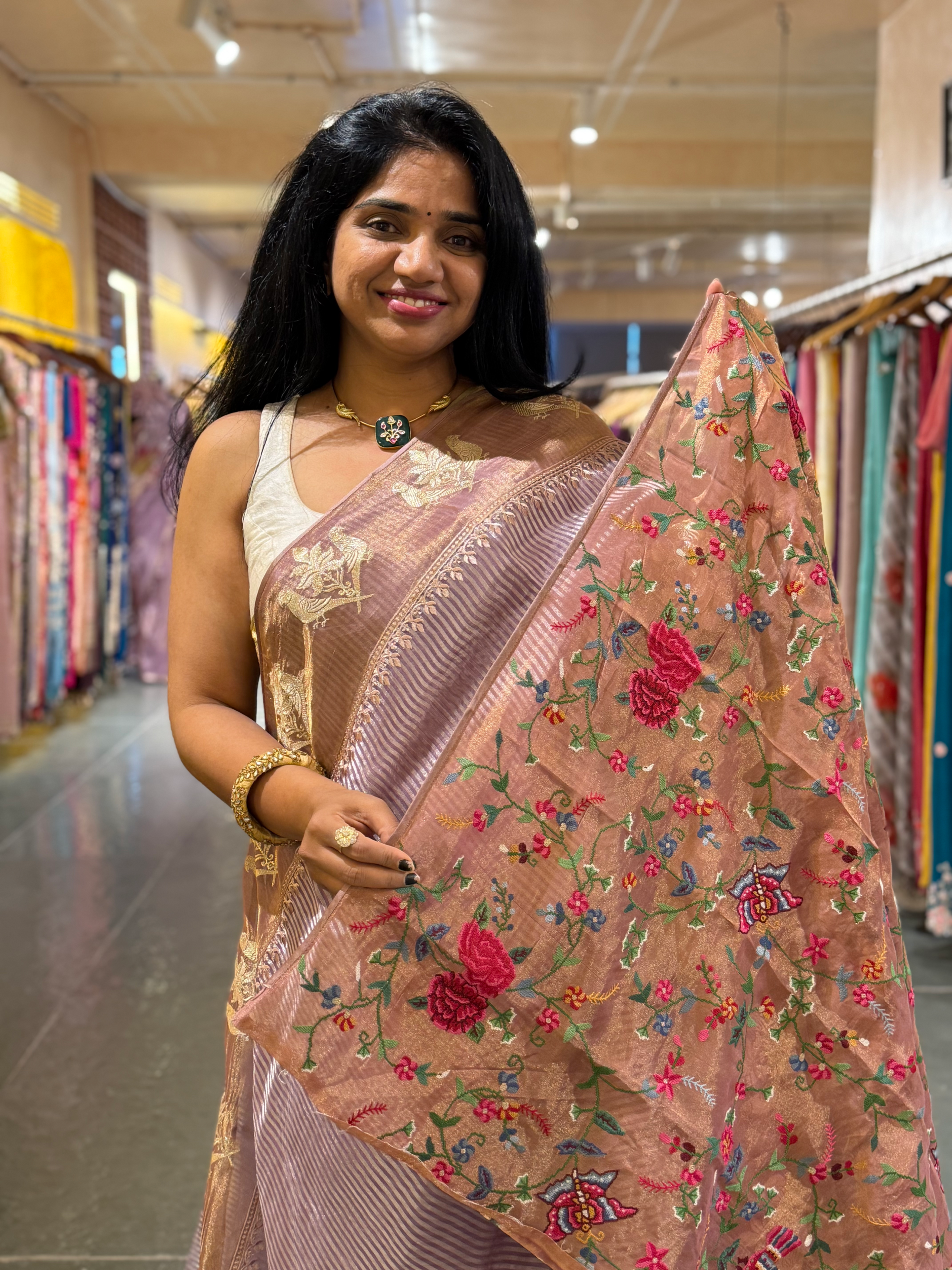 Mauve Kora Tissue Silver Zari stripes saree wth tissue Embroidered Border