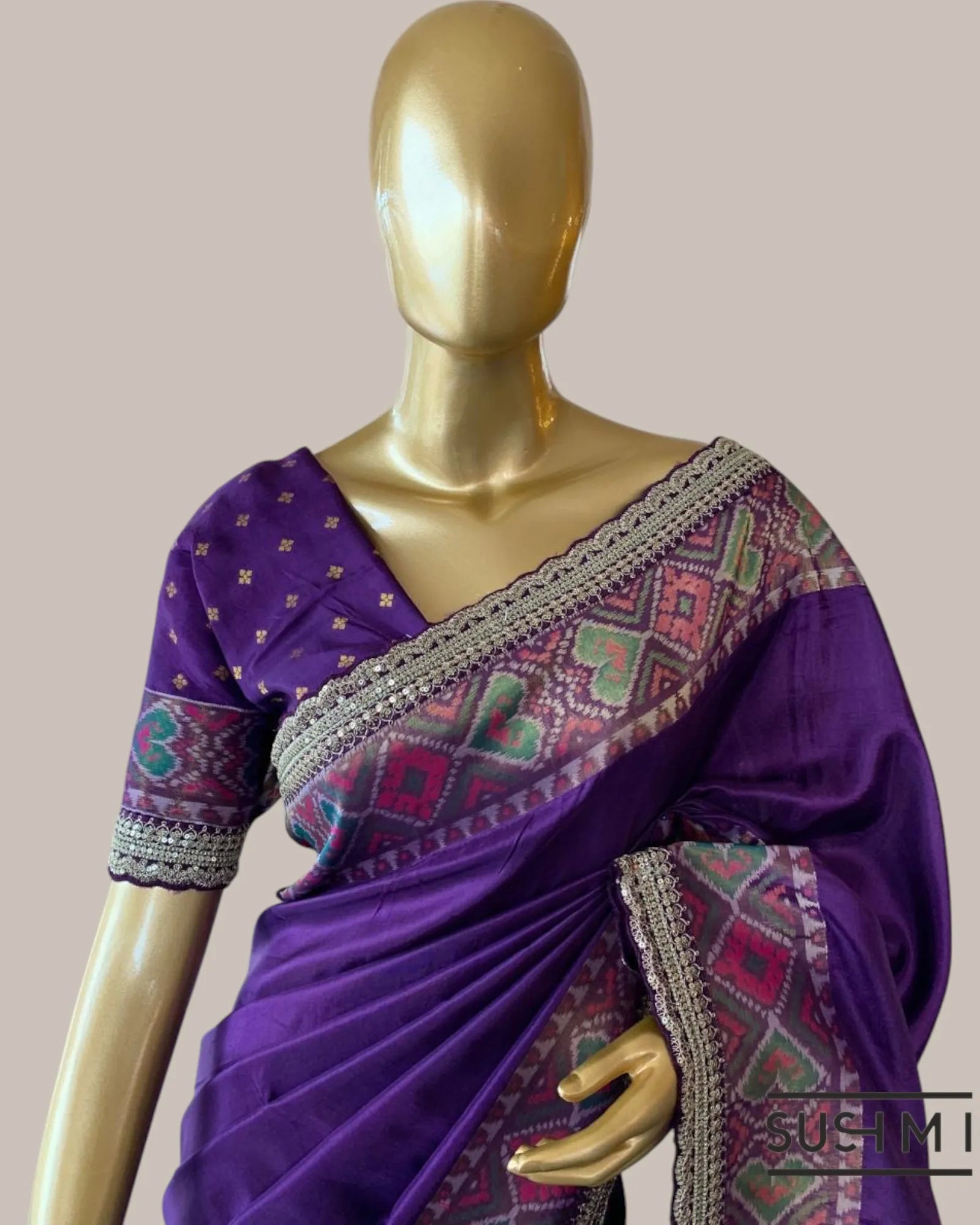 Brinjal Tussar Silk Gorgette Saree in Ikkath Patola style Chevron body and Patol