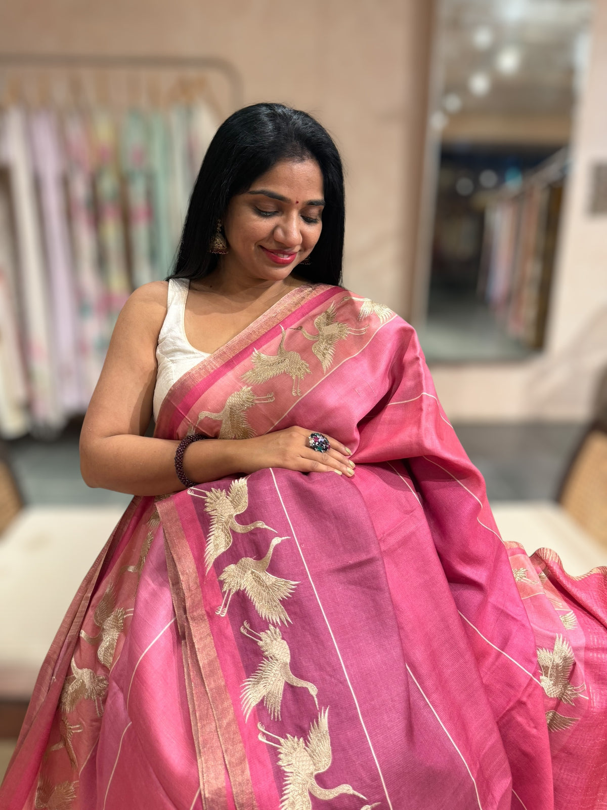 Tussar Rangkaat Saree With Crane Embroidered Border