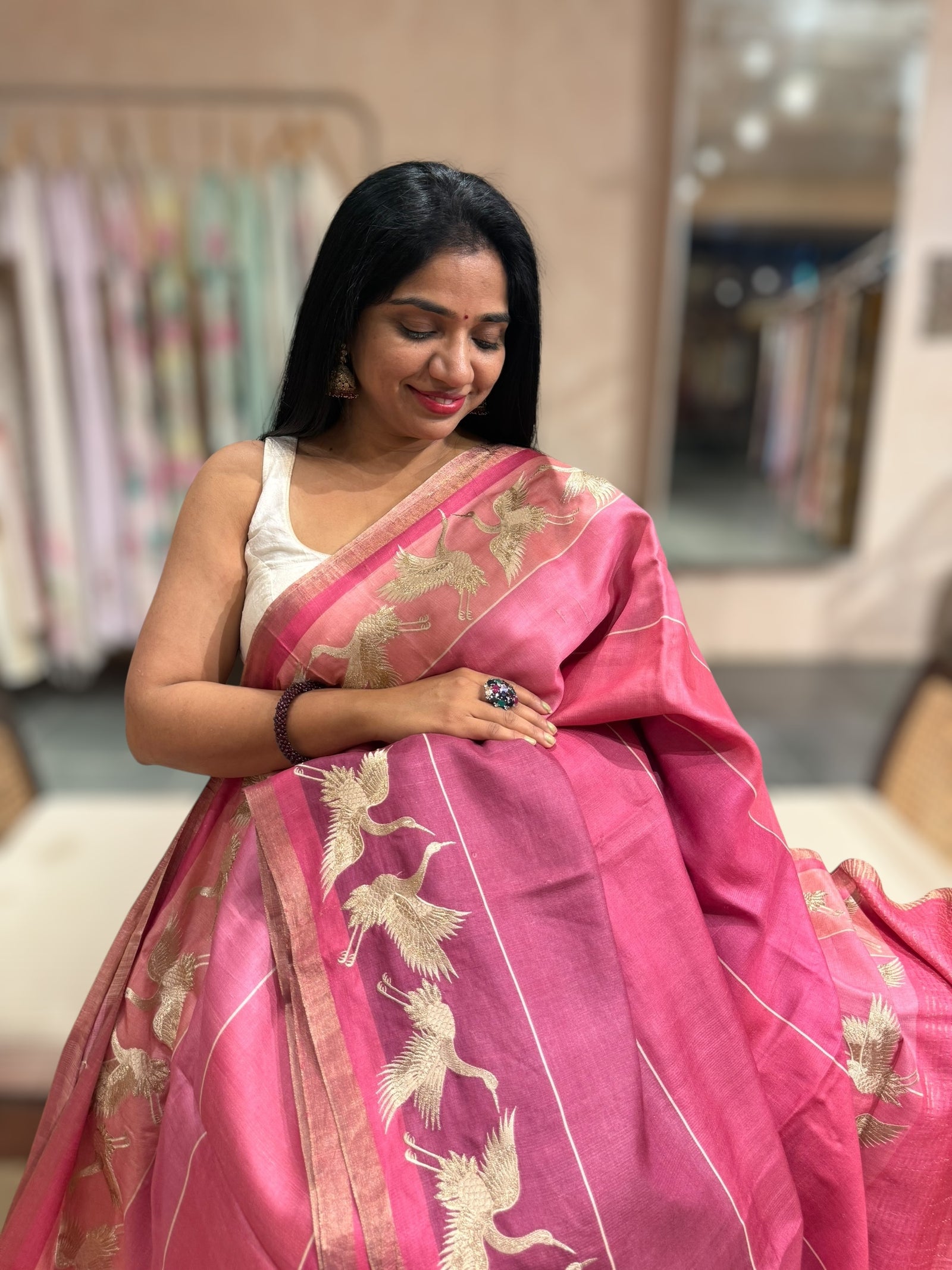 Tussar Rangkaat Saree With Crane Embroidered Border