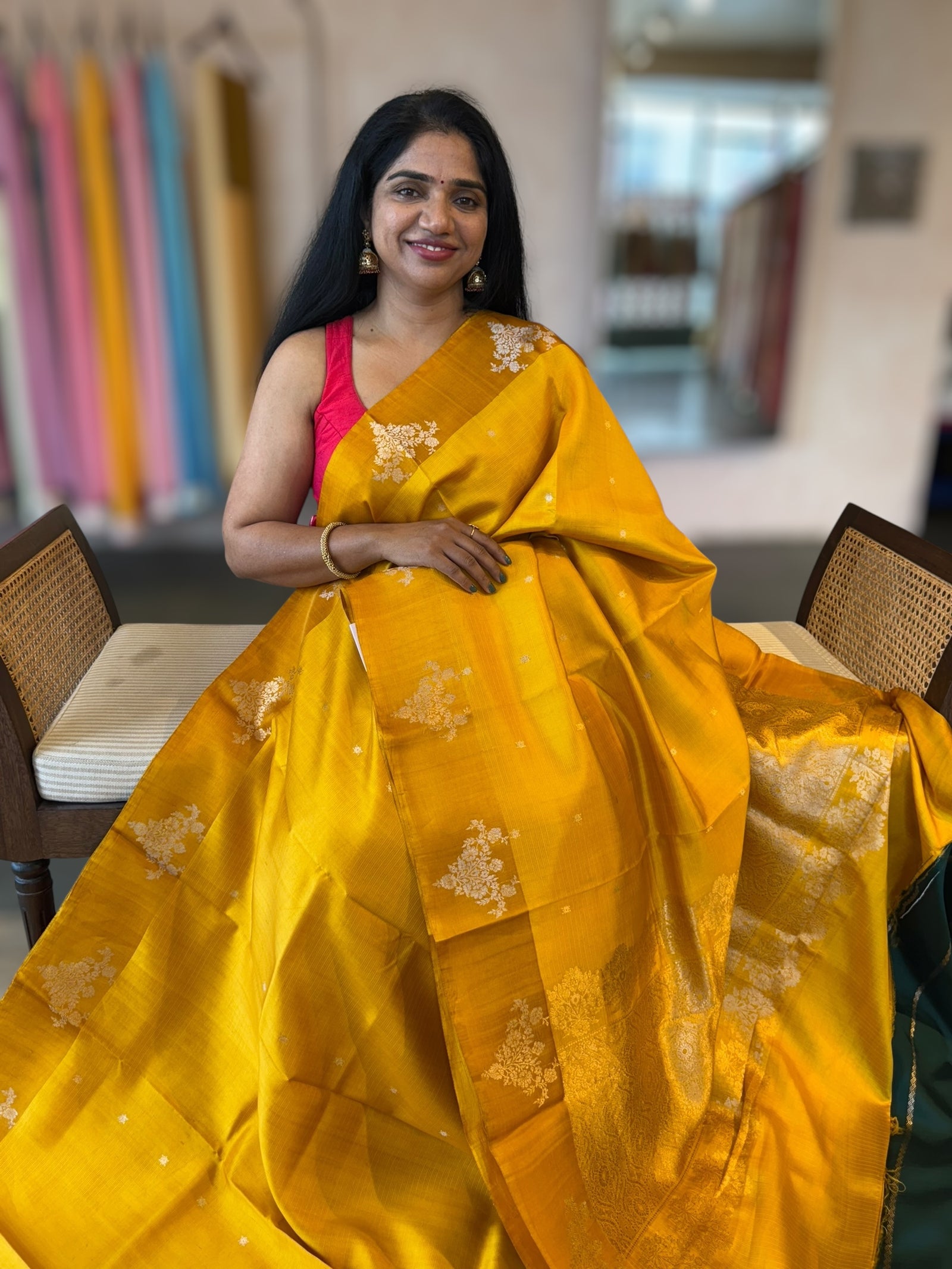 Mustard Yellow Banarasi Raw Mango Silk Saree with Open Borders & Kaduwa Weaving