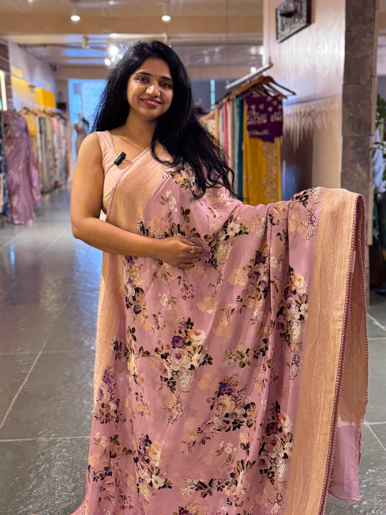 Lilac Pink Banarasi Khaddi Gorgette Sarees with Floral Print