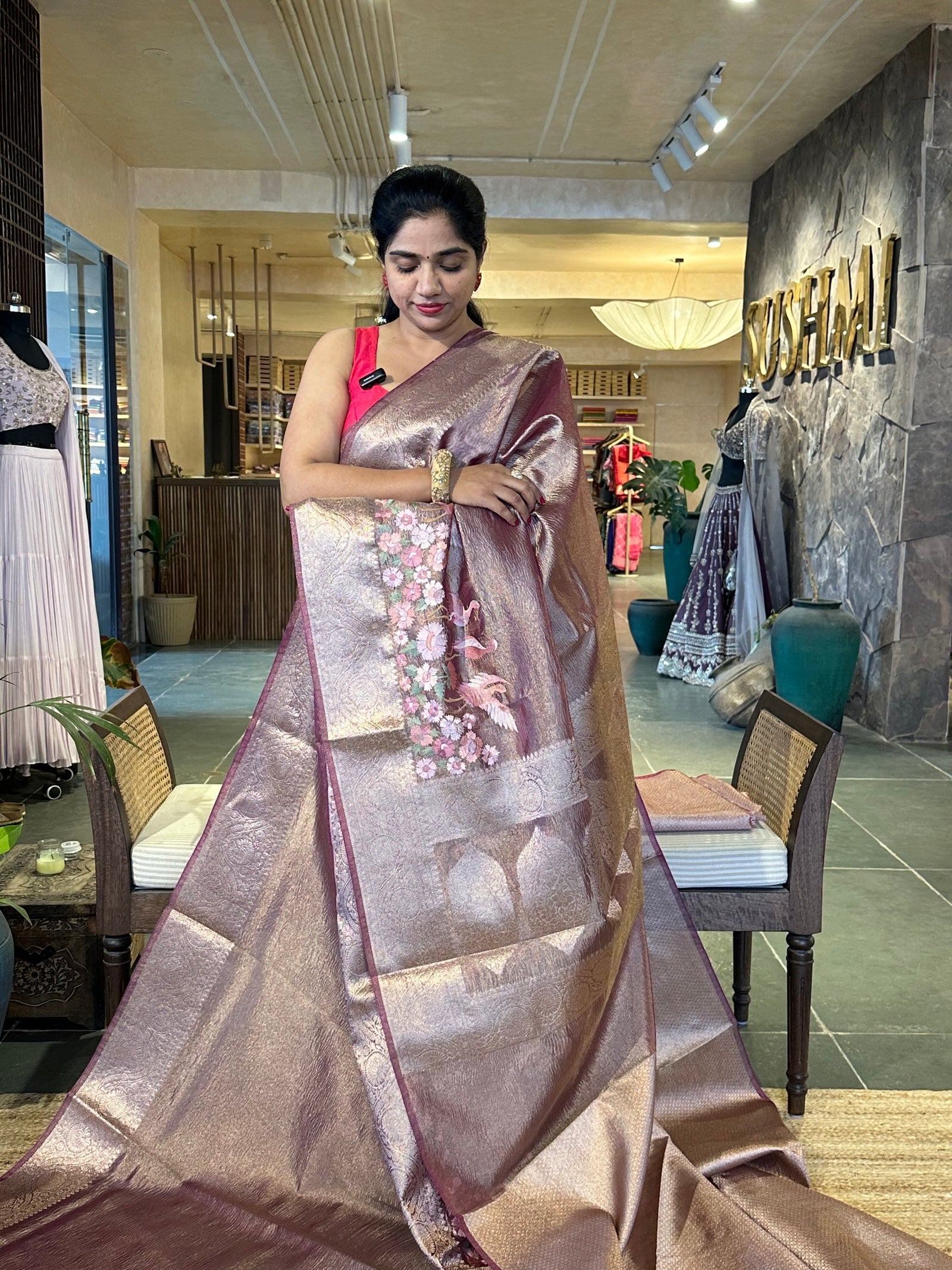 Wine Crush Tissue Saree with traditional and embroidered borders