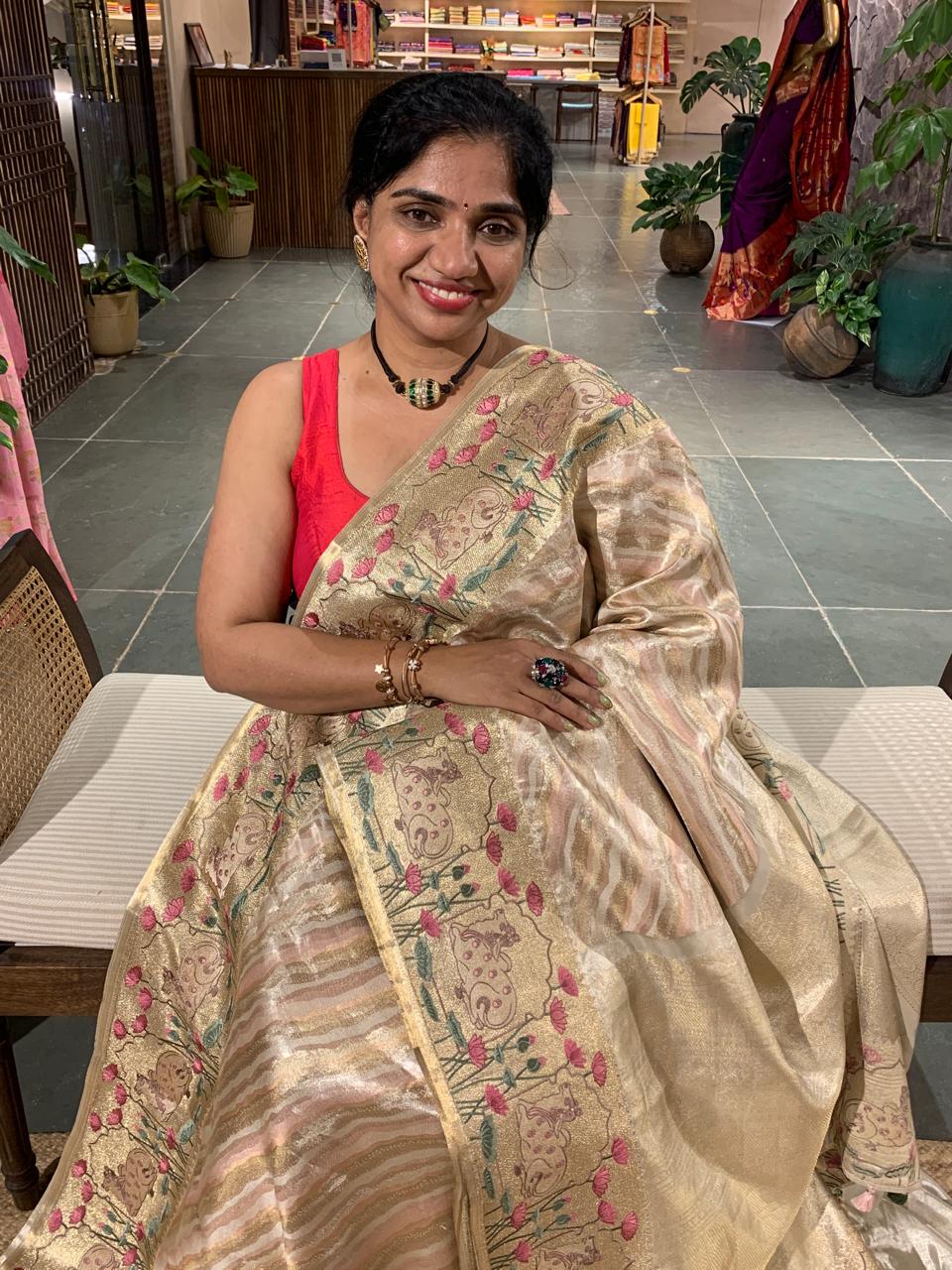 Kanchi Tissue Saree With Tissue Pichwai Embroidered Border