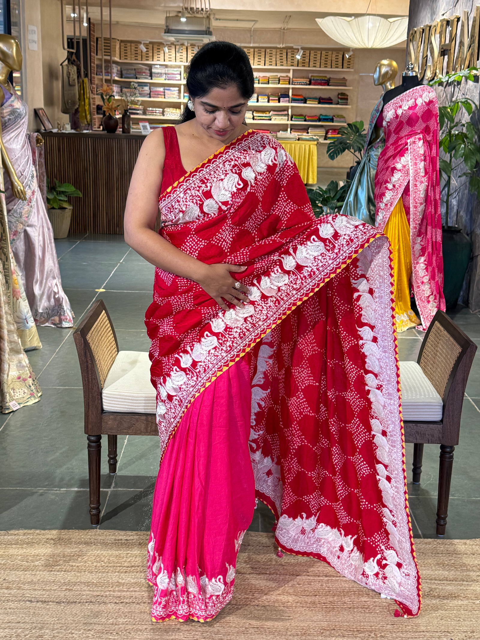 Pure Gajji Silk Rai Bandhej Saree in half and half style with Swan embroidery