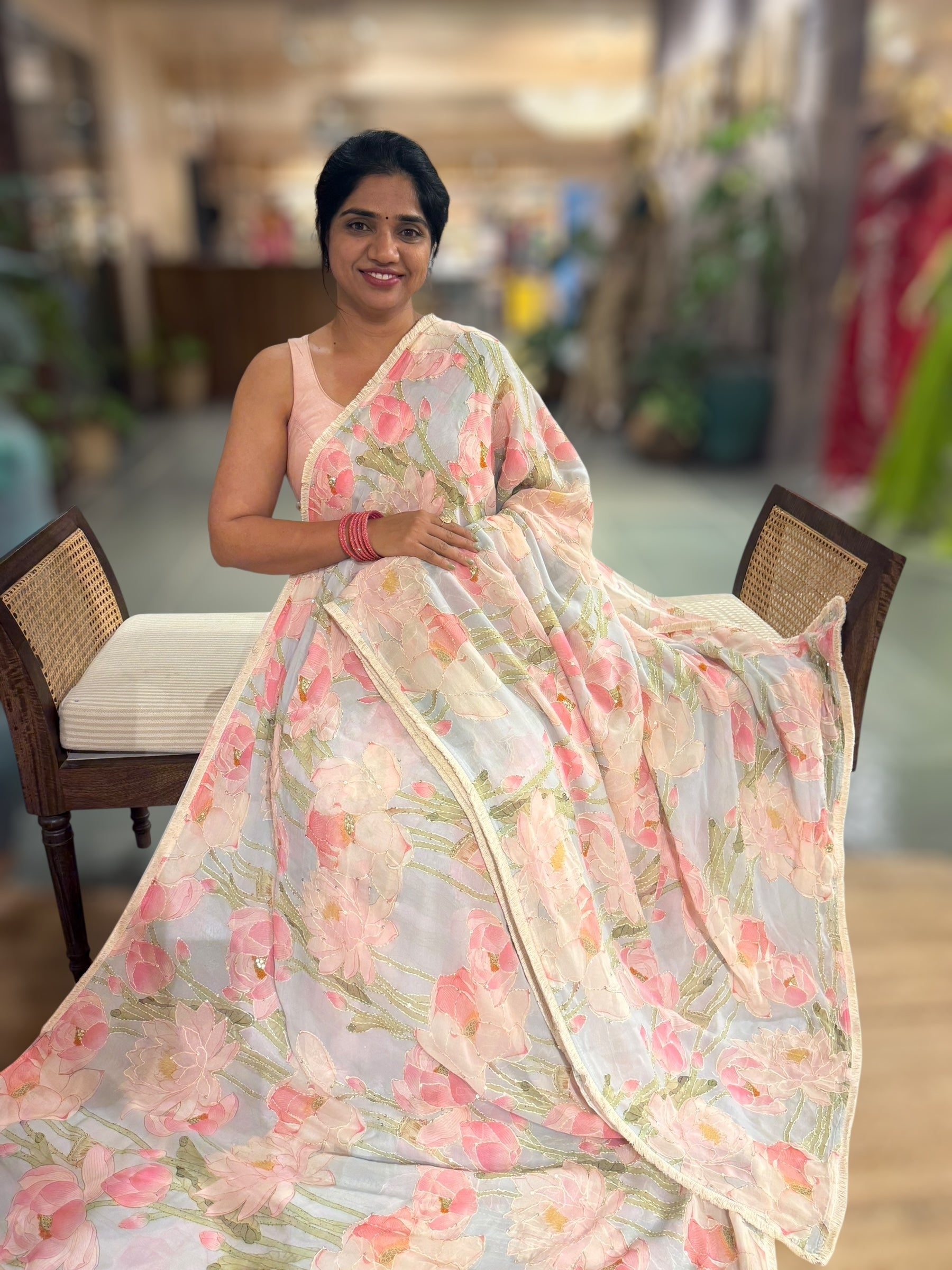 Pastel Blue Pure Gorgette Printed Saree With Allover Hand Done Katha work