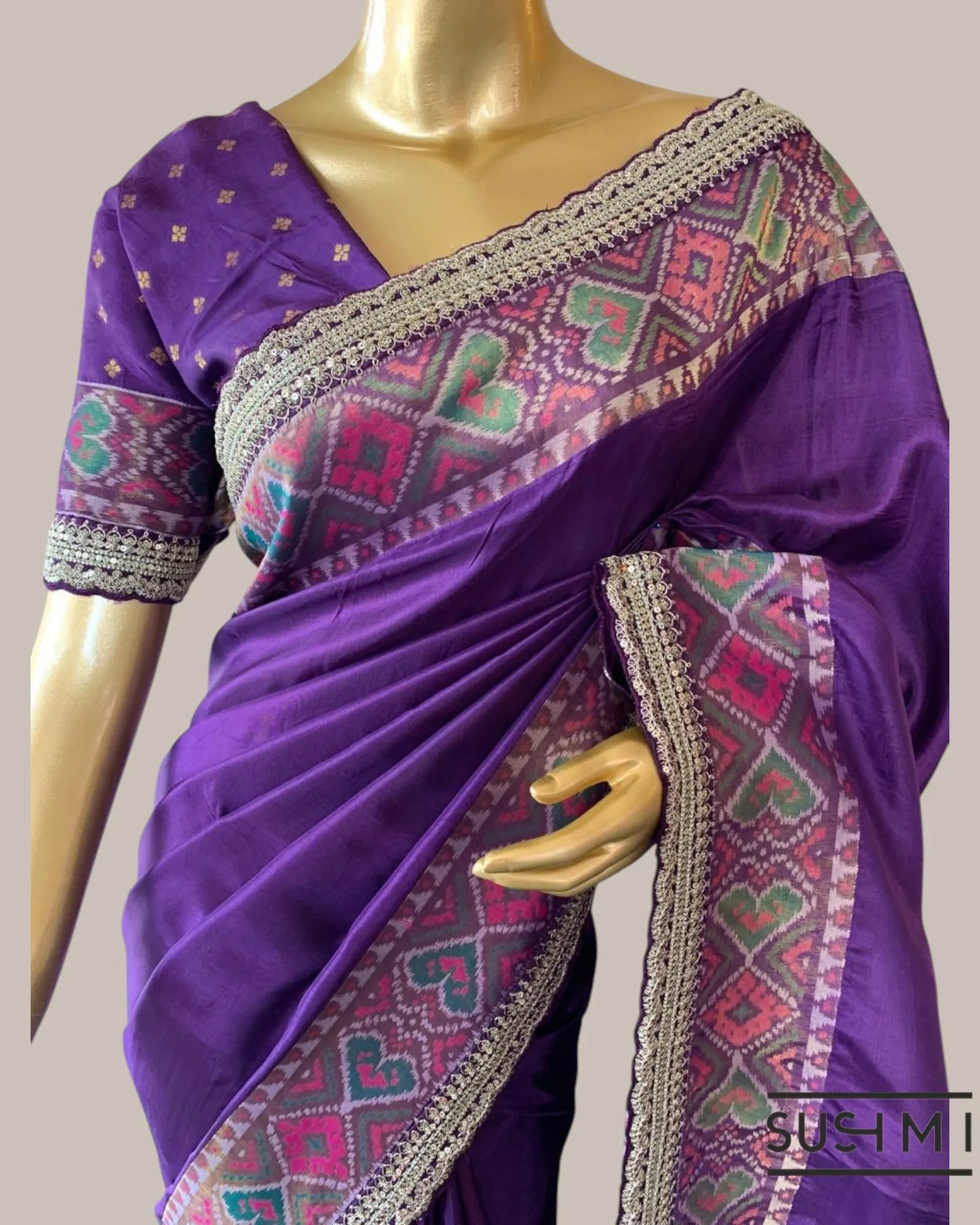 Brinjal Tussar Silk Gorgette Saree in Ikkath Patola style Chevron body and Patol