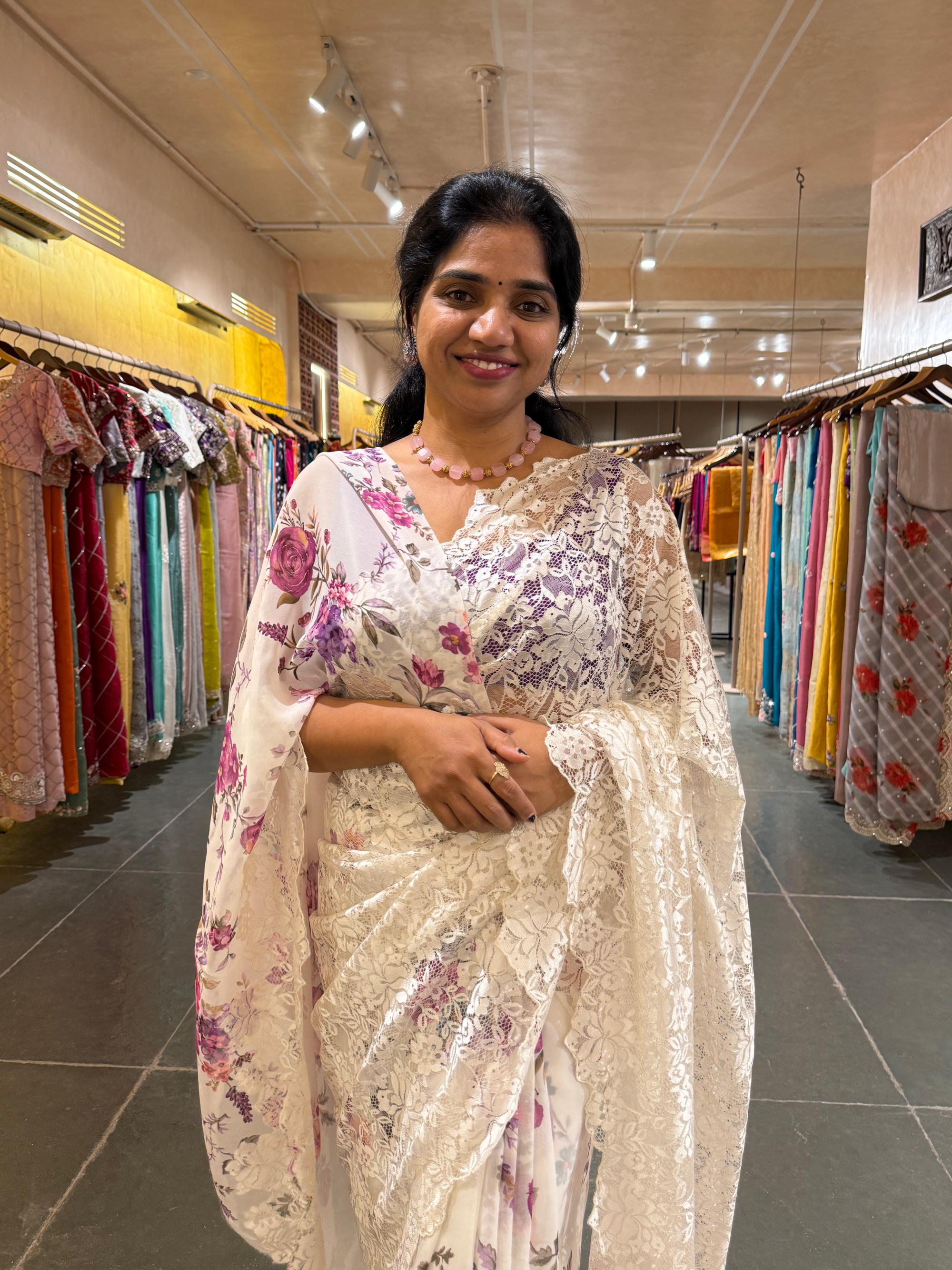 Designer Gorgette Saree with Chantilly lace for Pallu in Half and Half style