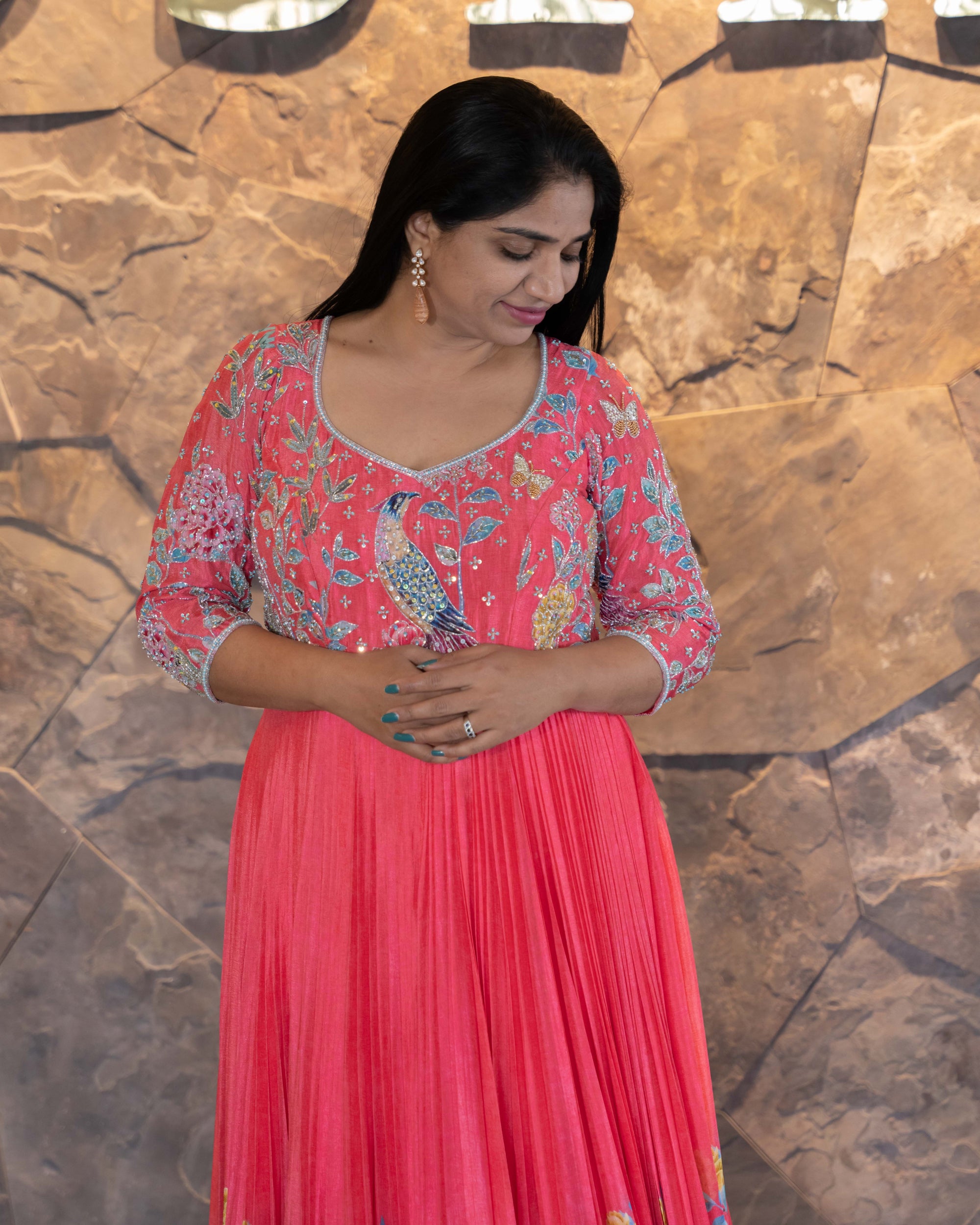 Tomato Red color Pure Chinnon printed long frock with heavy handwork yoke