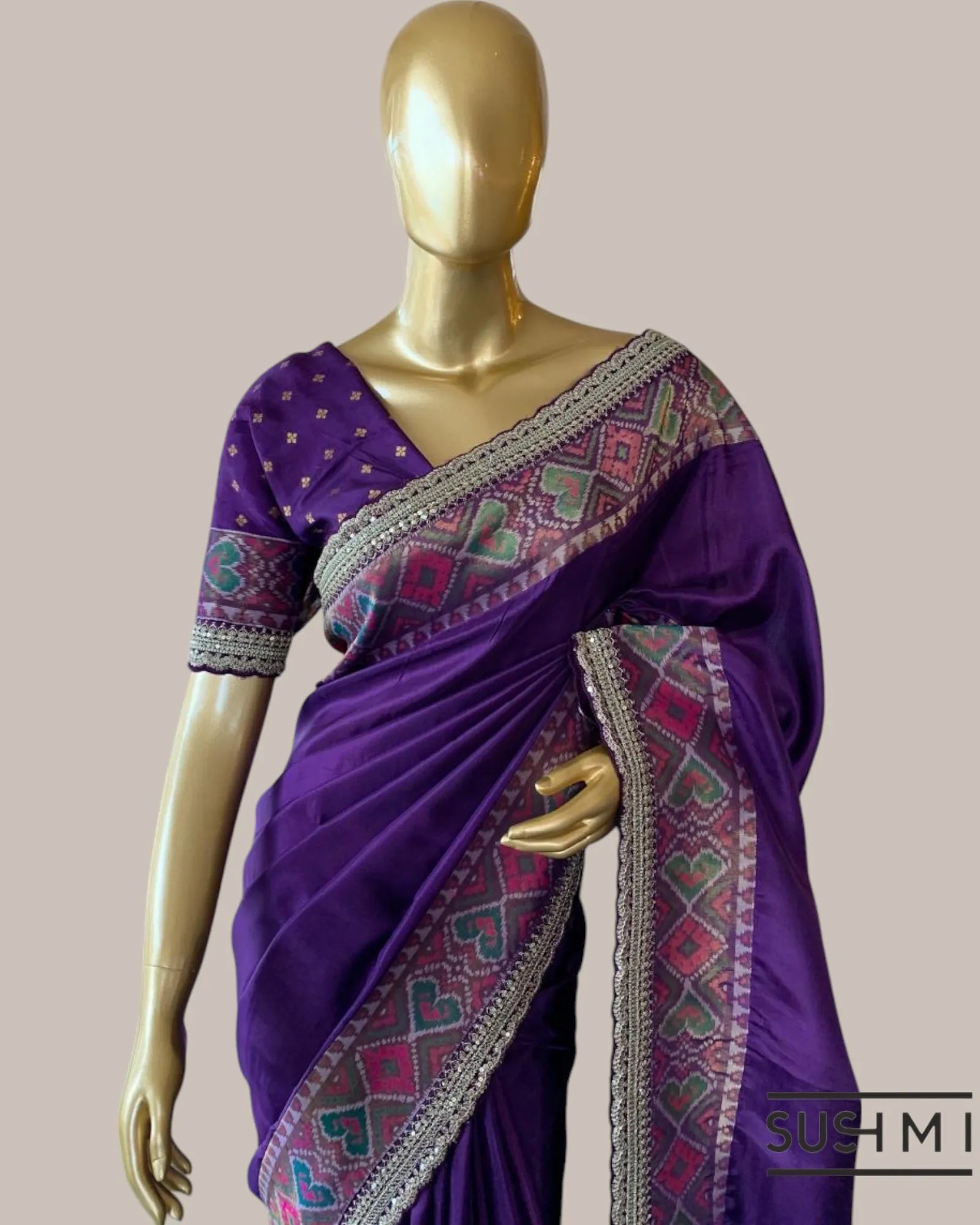 Brinjal Tussar Silk Gorgette Saree in Ikkath Patola style Chevron body and Patol
