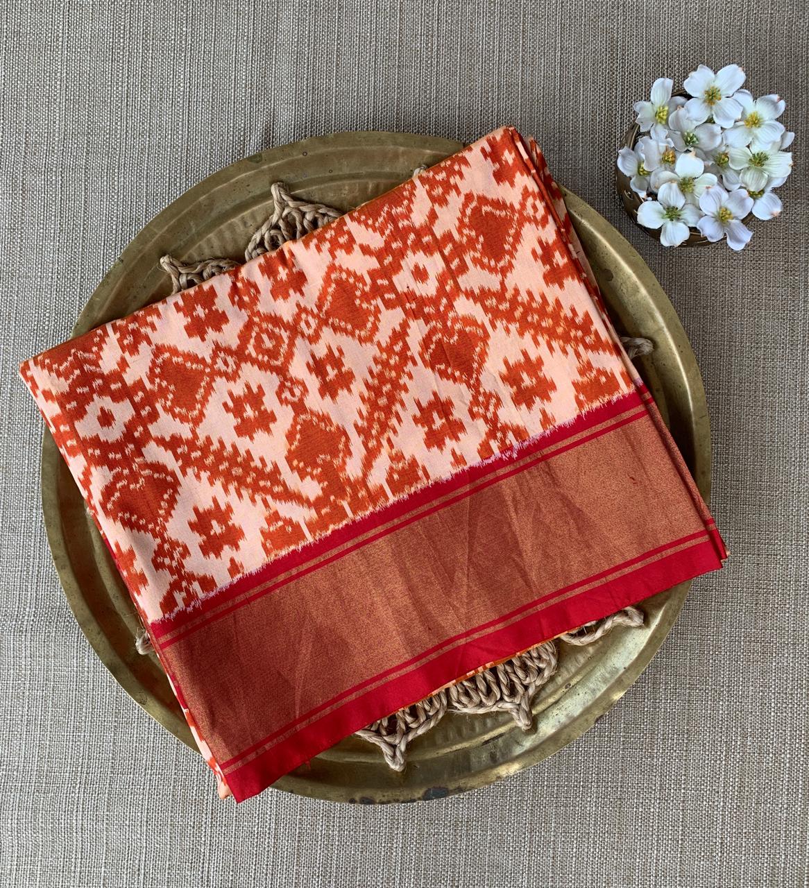 Pure Handloom Twill Ikkath Patola Saree With Khaddi Border & Handwork Blouse