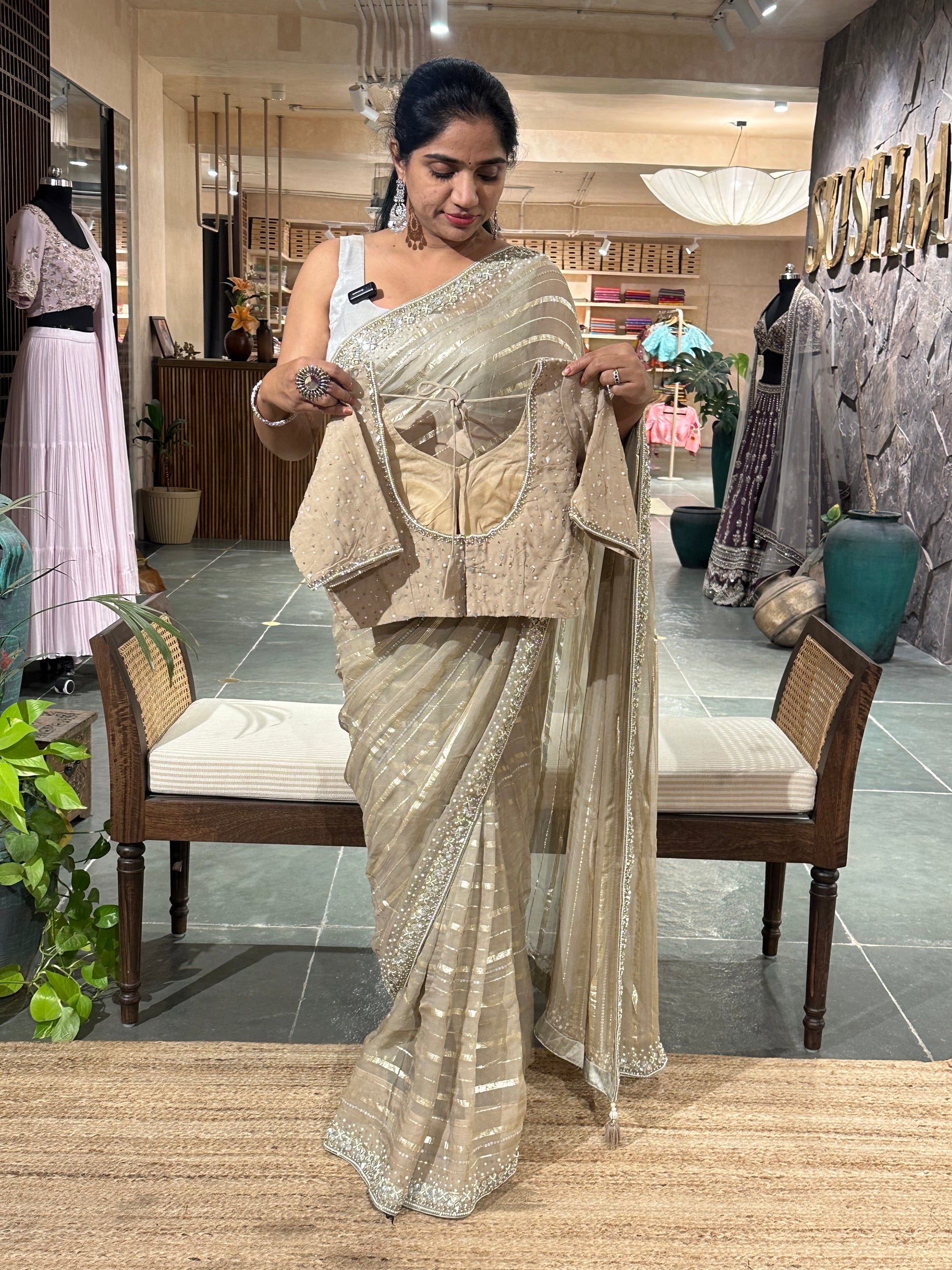 Earthy Tone Chiffon Handwork Saree with stitched happy iblouse