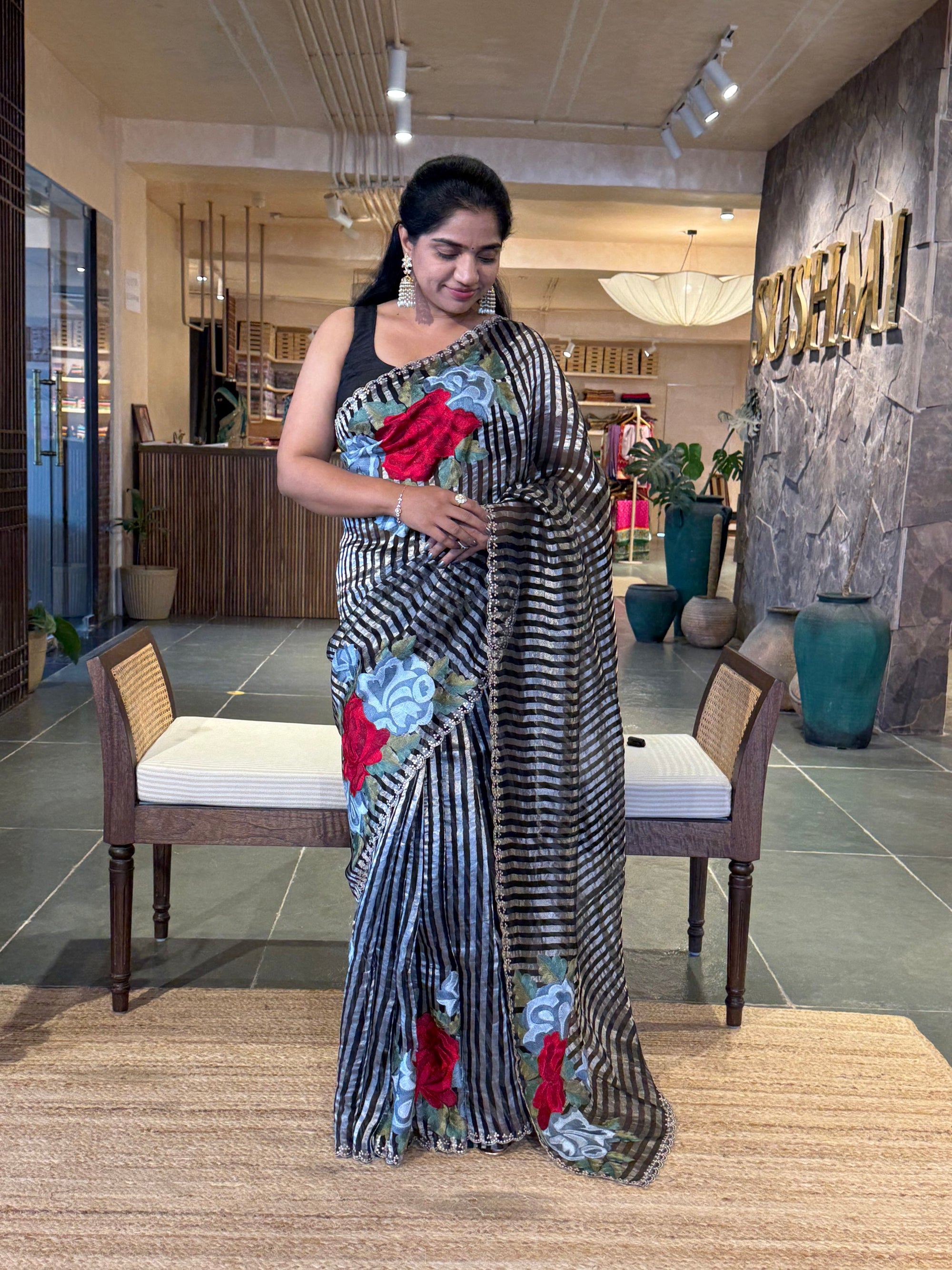 Black & Silver Stripes Tissue Silk Saree with Statement Floral bunch embroidery