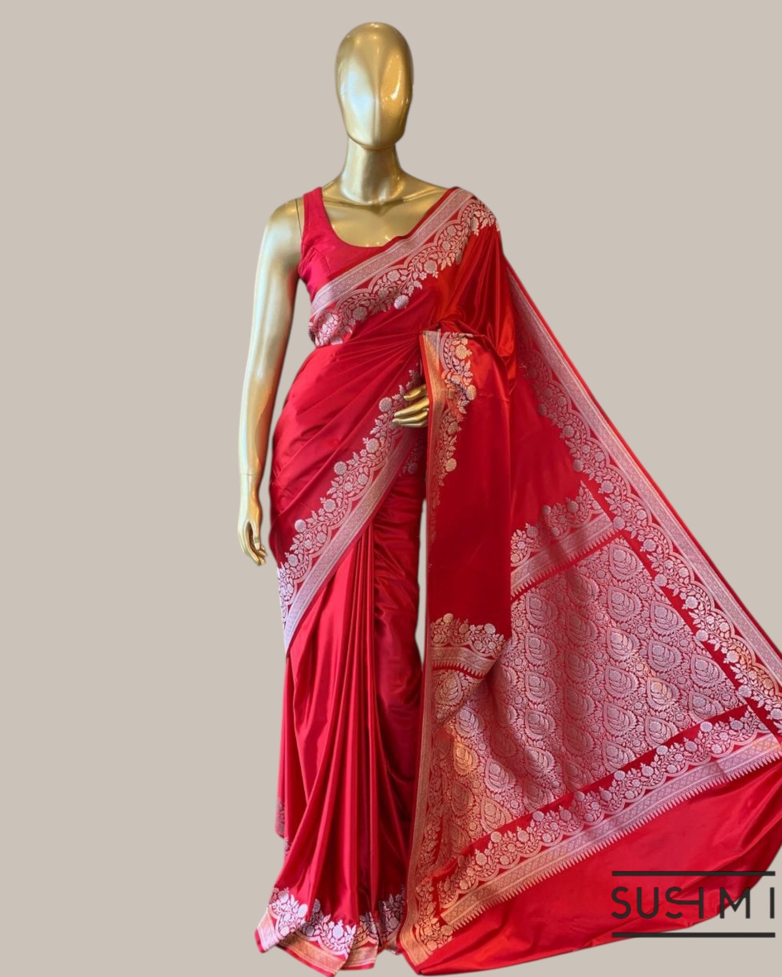 Chilli Red Mashru Silk Saree With Straight and Scalloped Border