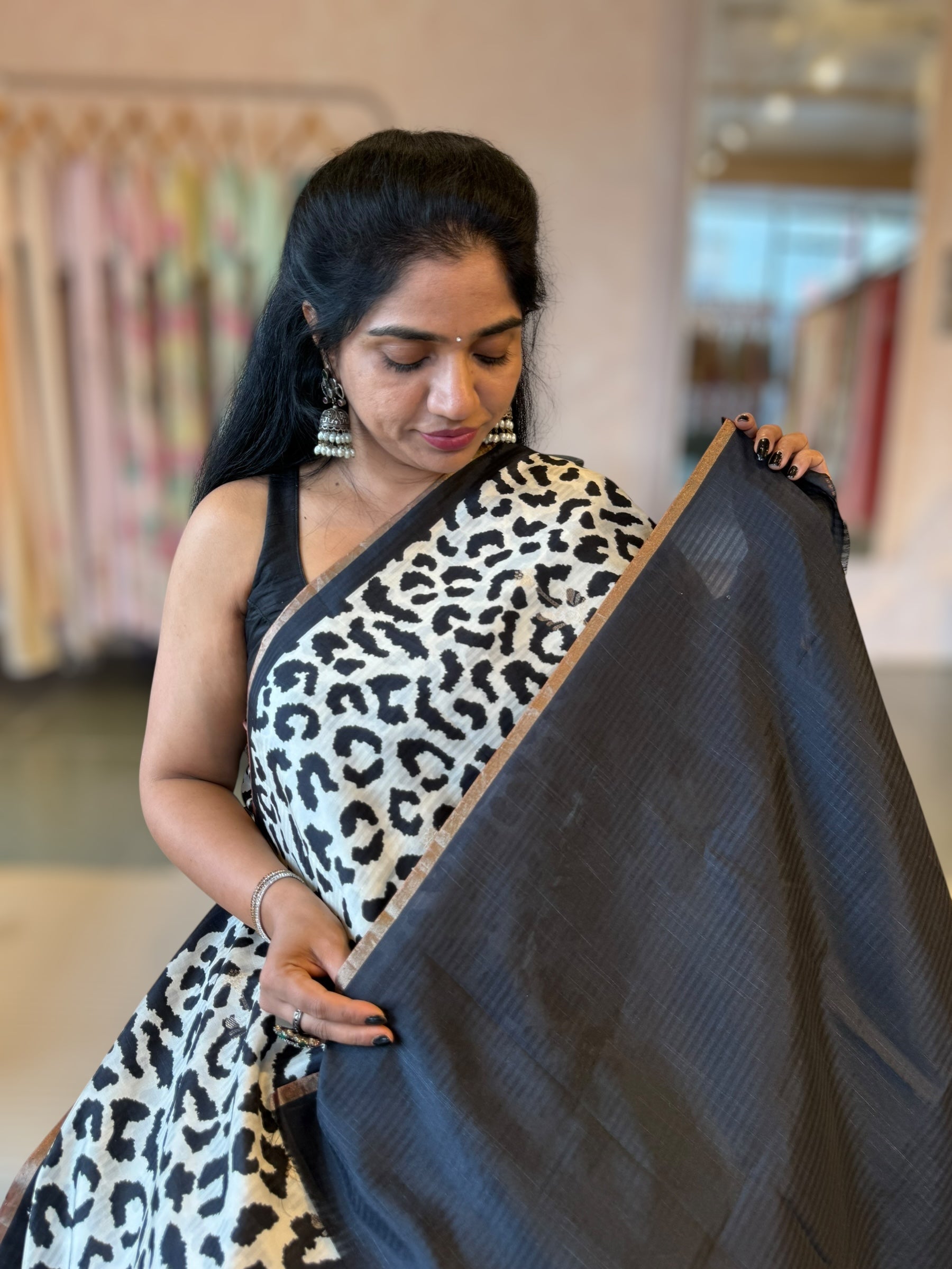 Kanchi Soft Silk Saree with Leopard and Statement 3D Rose Print