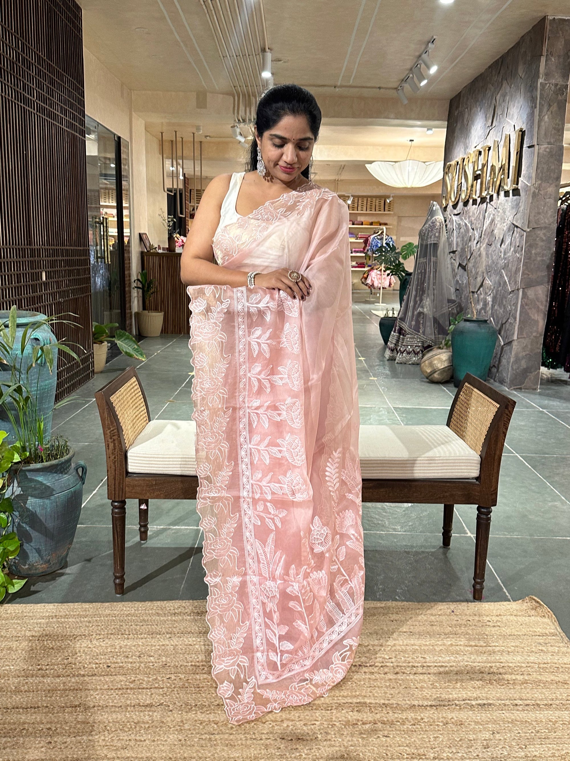 Blush Pink Pure Organza heavy  cutwork embroidered border saree