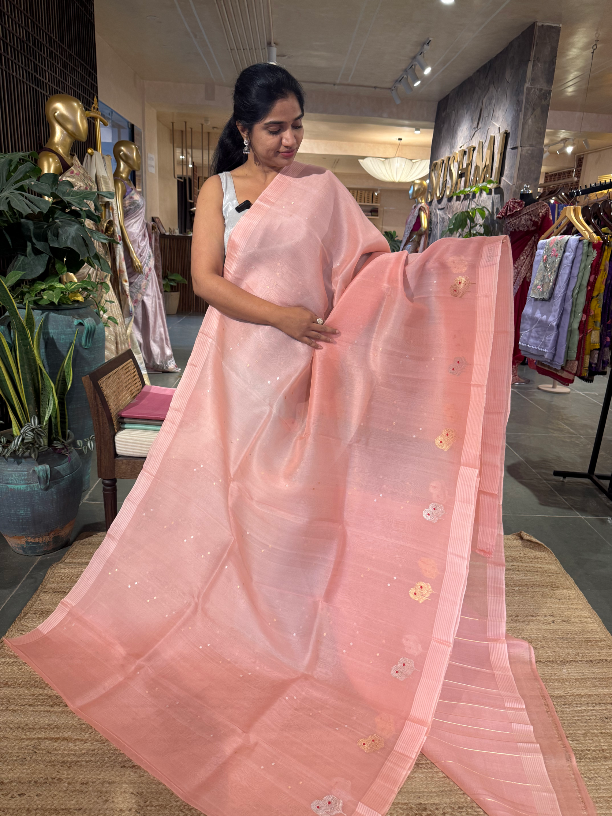 Peach Pink Kora Banarasi Saree with kaduwa woven sona rupa motifs