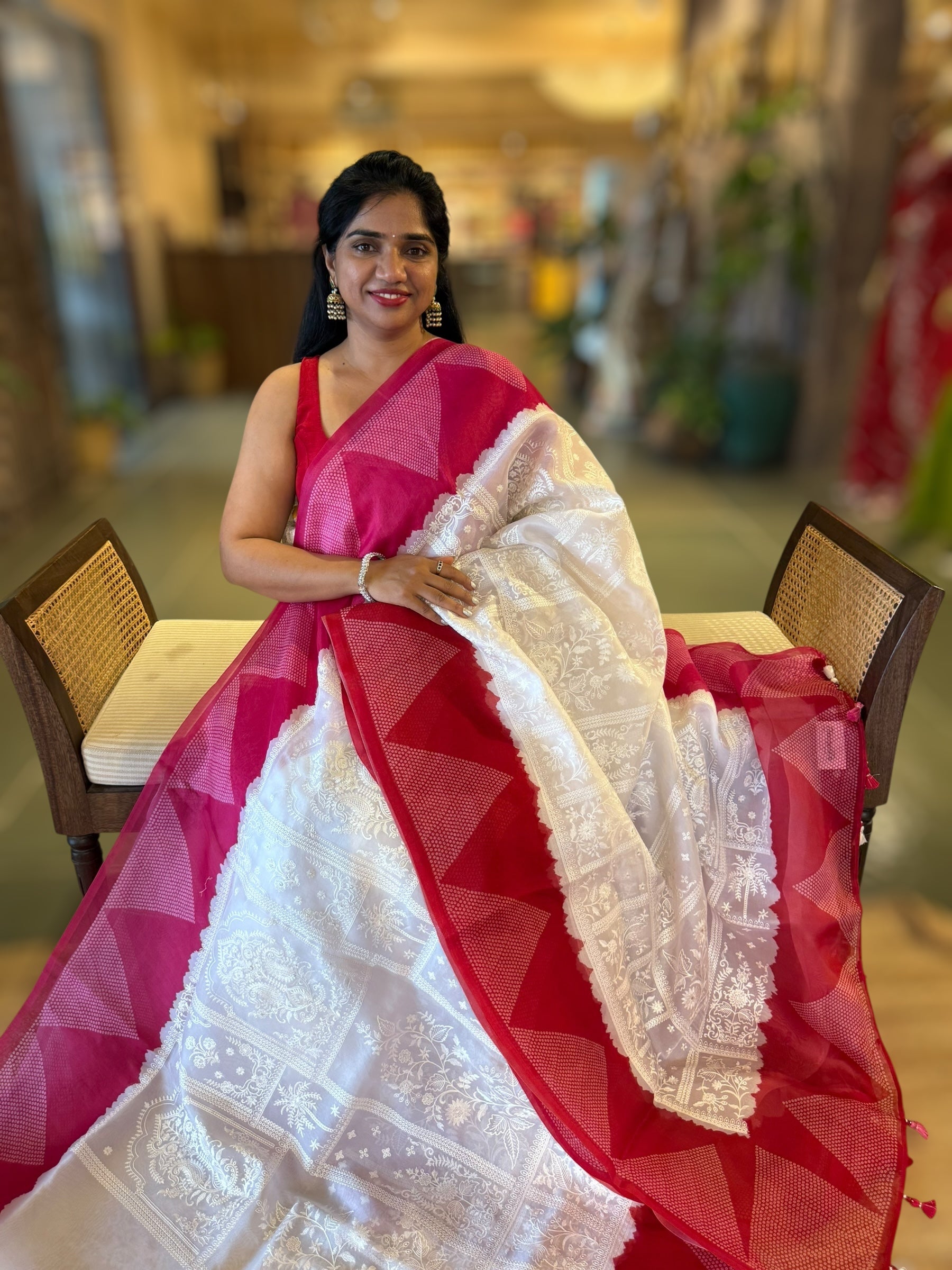 Organza Chikankari Embroidery Saree With Ganga Jamuna Bandhini Temple Borders