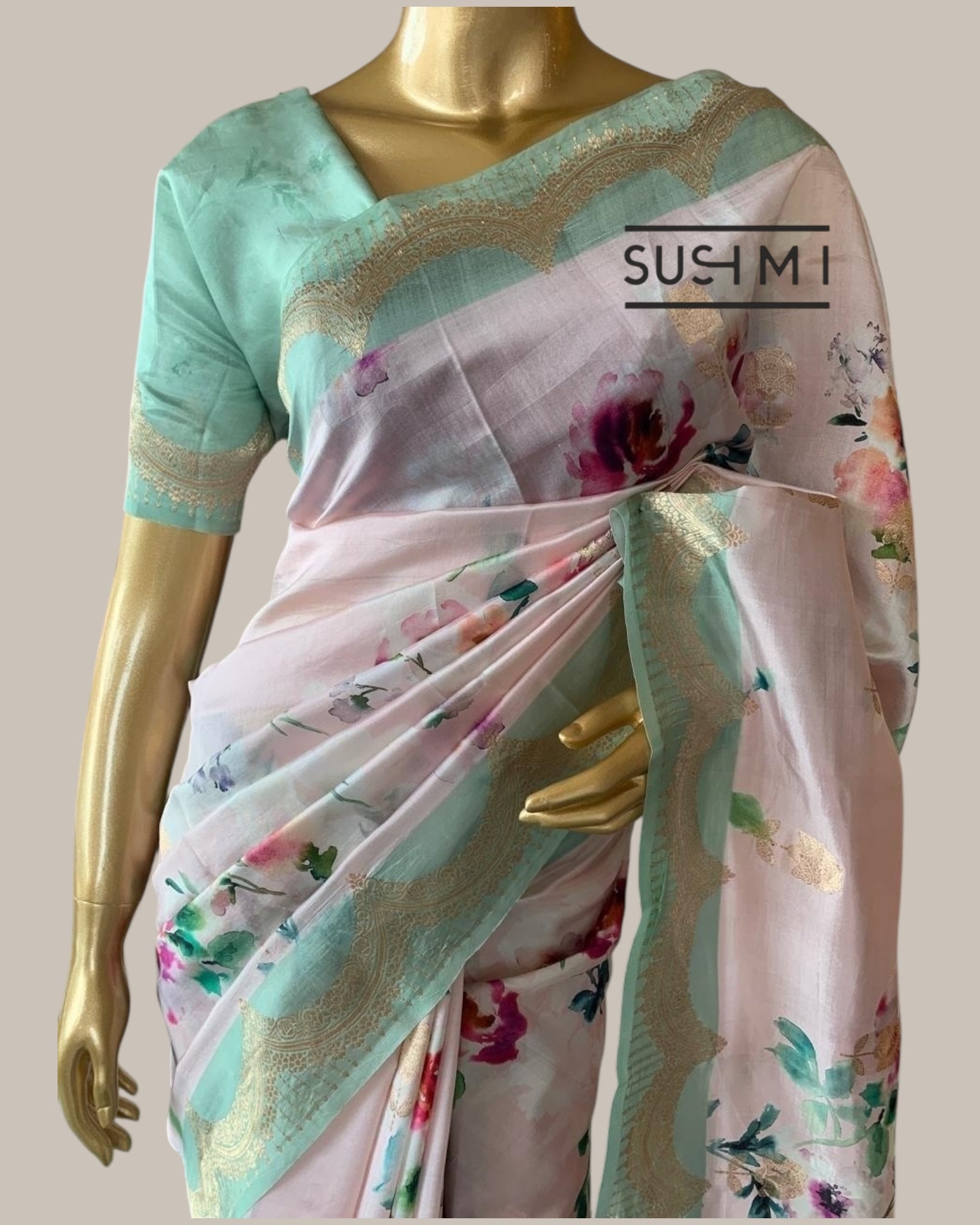 Banarasi Soft Silk Printed Saree With Scalloped Woven Zari Border