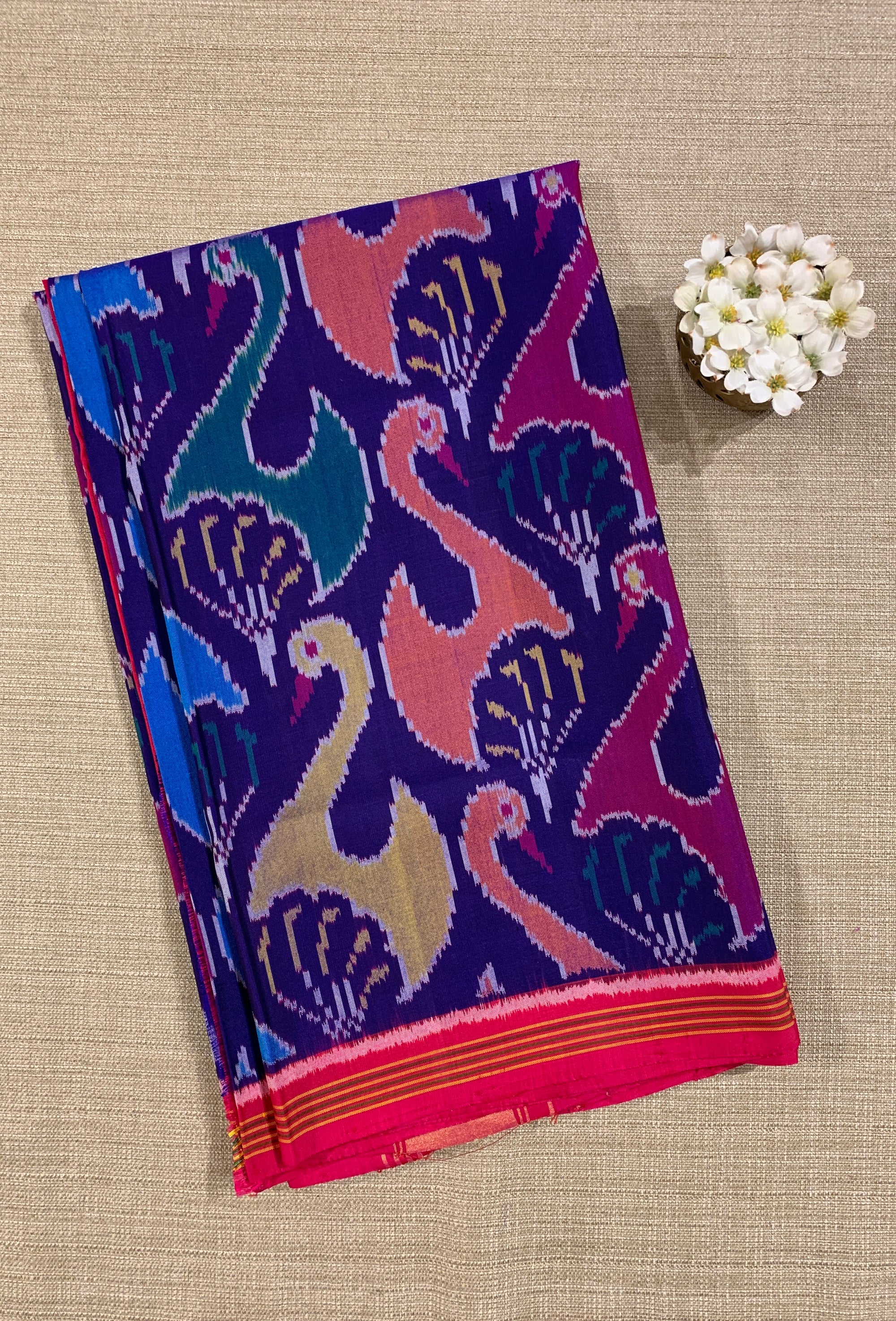 Purplish Blue and Reddish Pink Patan Patola Saree with Statement Swan Pattern