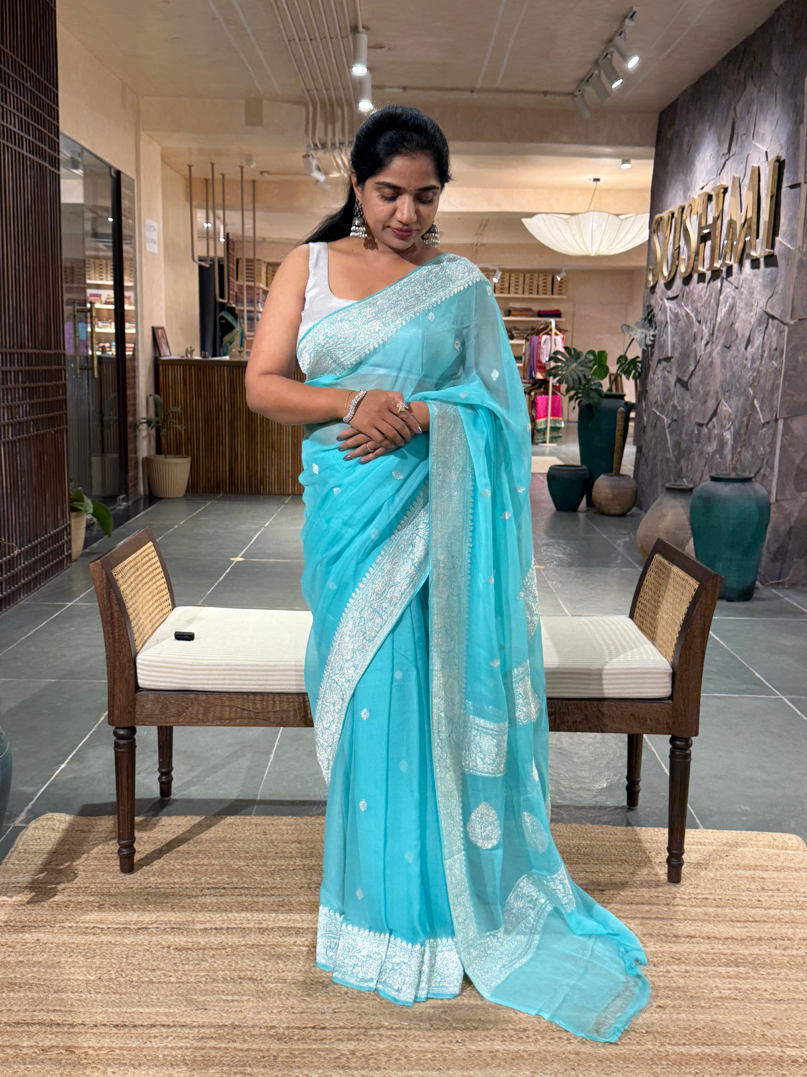 Sky Blue Banarasi Handloom Khaddi Chiffon Saree with silver