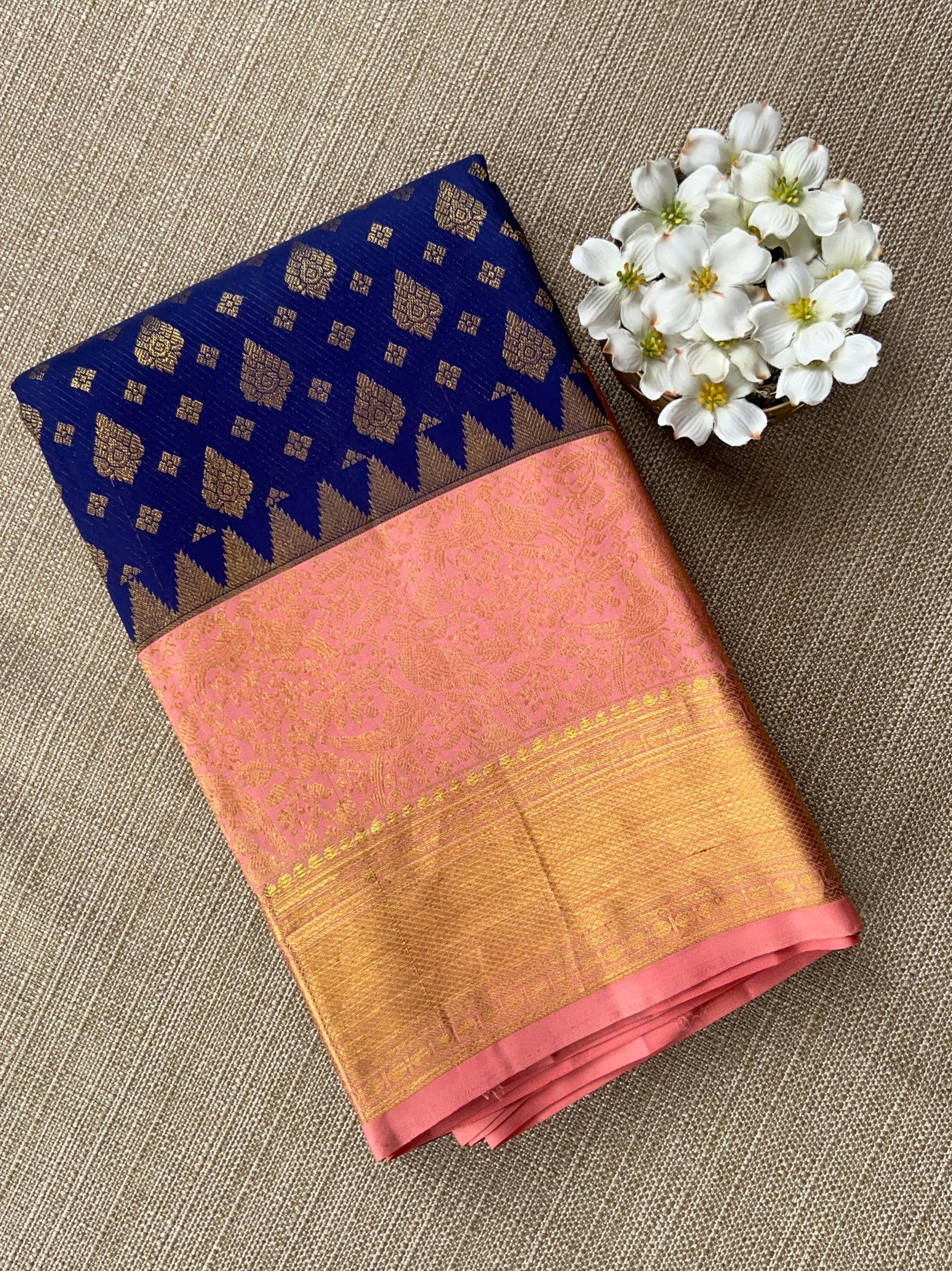 Purplish  Blue & Peach Pink Pure Kanchi Pattu Saree