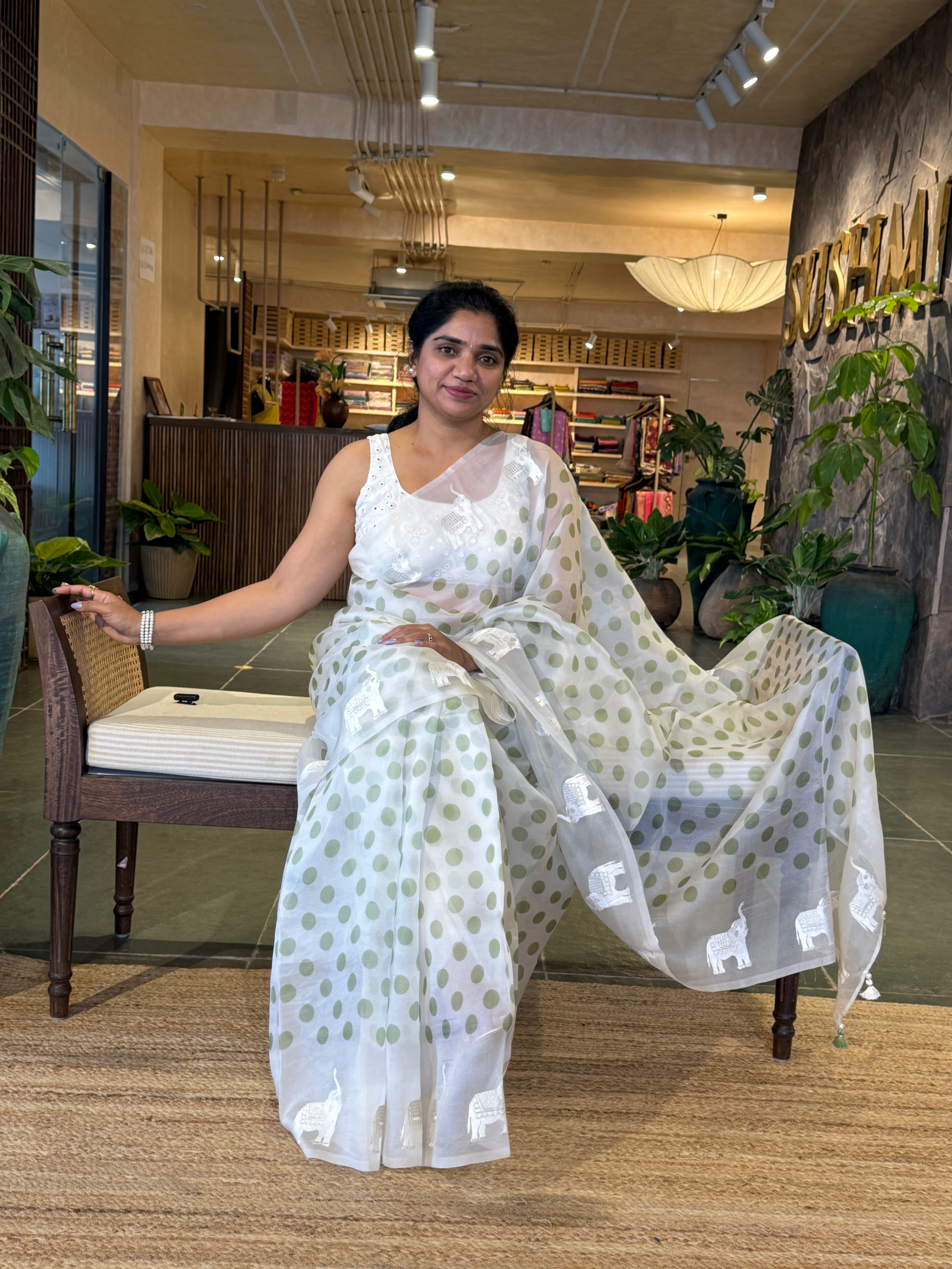 SOCH1304 :White & Green Organza Saree Wth Embroidered ElephantBorder & Floral BP