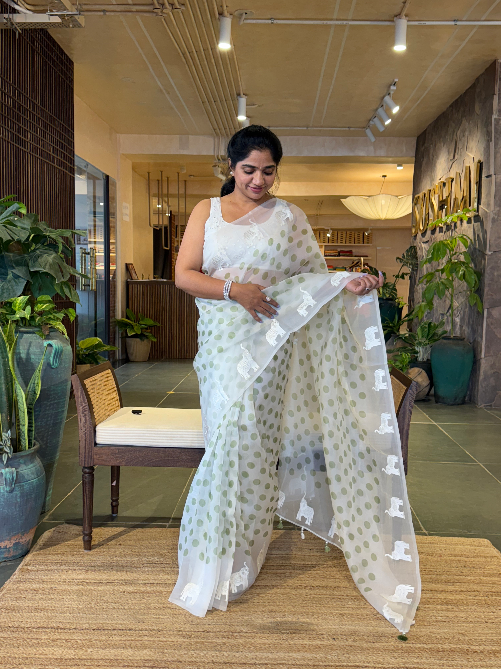 SOCH1304 :White & Green Organza Saree Wth Embroidered ElephantBorder & Floral BP