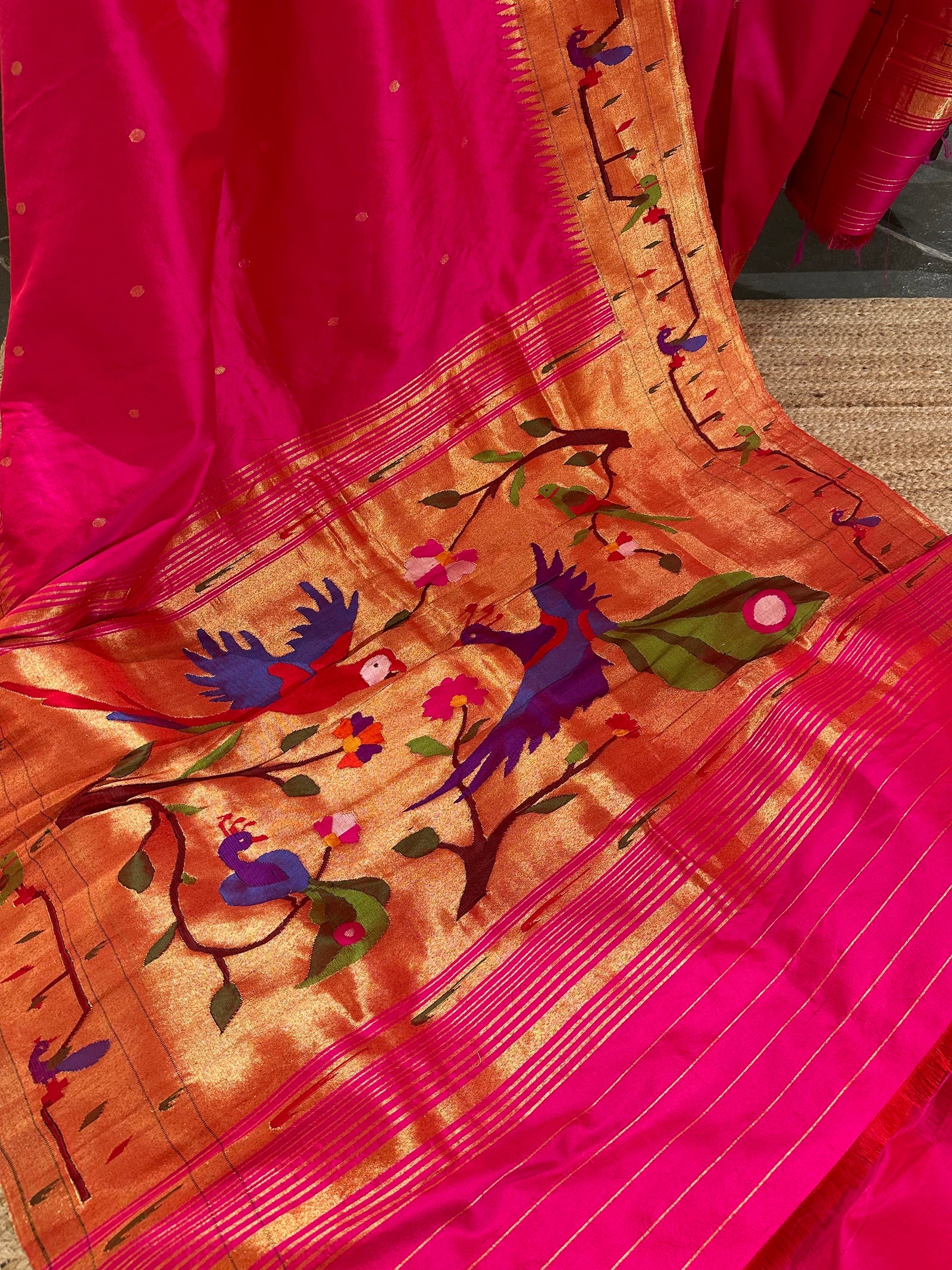 Rani Pink Pure Pythani saree with parrot peacock border