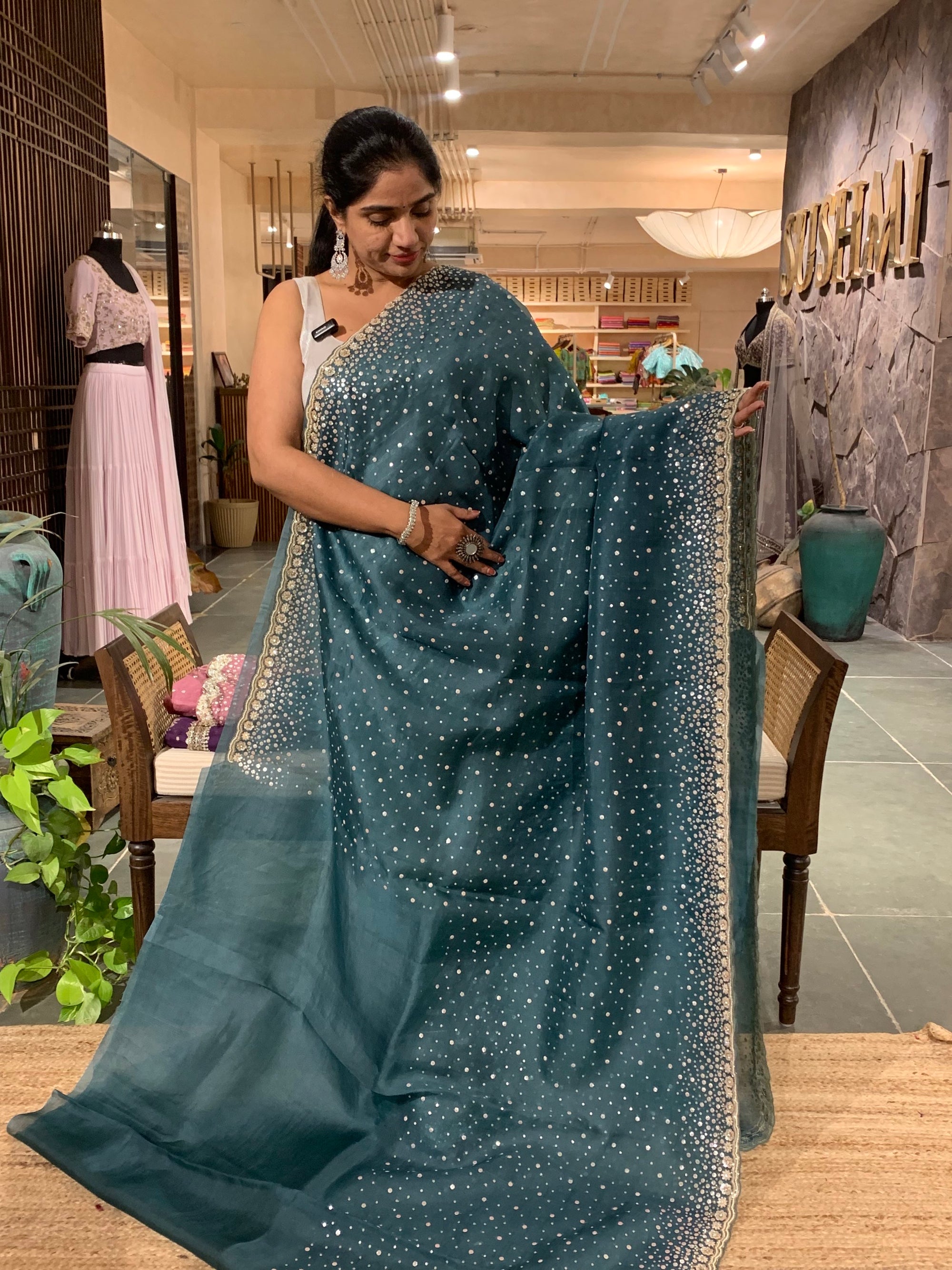 Peacock BlueOrganza Saree with heavy handwork