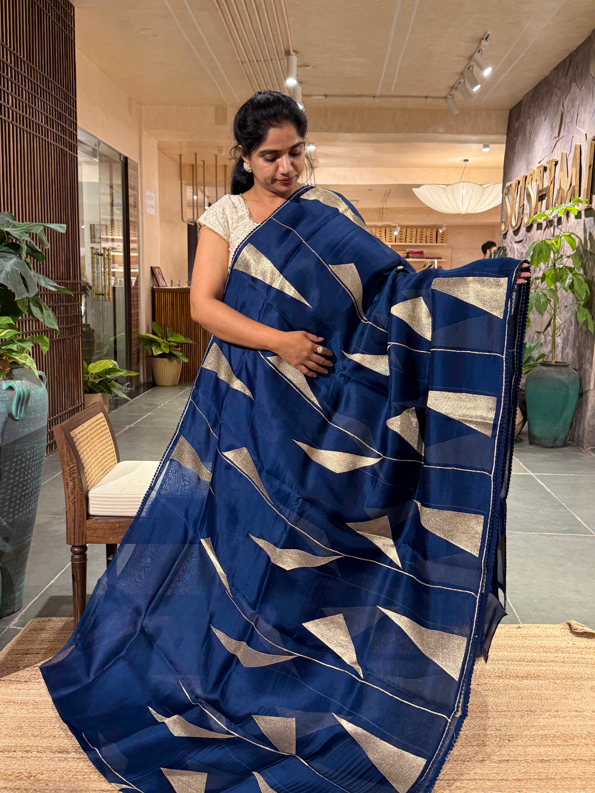 SOCA107 Midnight Blue Pure Organza Silk Saree in contemporary style