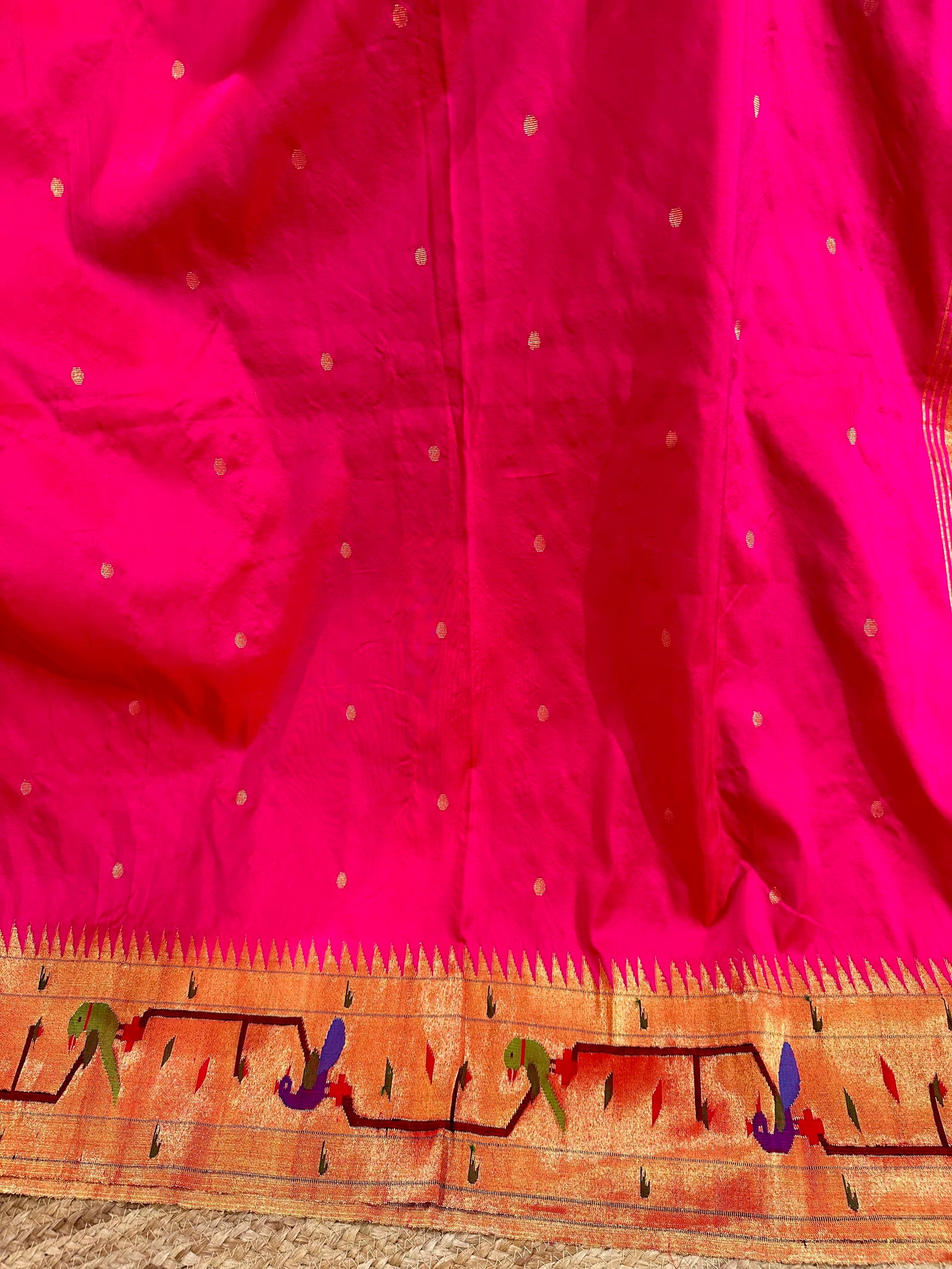 Rani Pink Pure Pythani saree with parrot peacock border