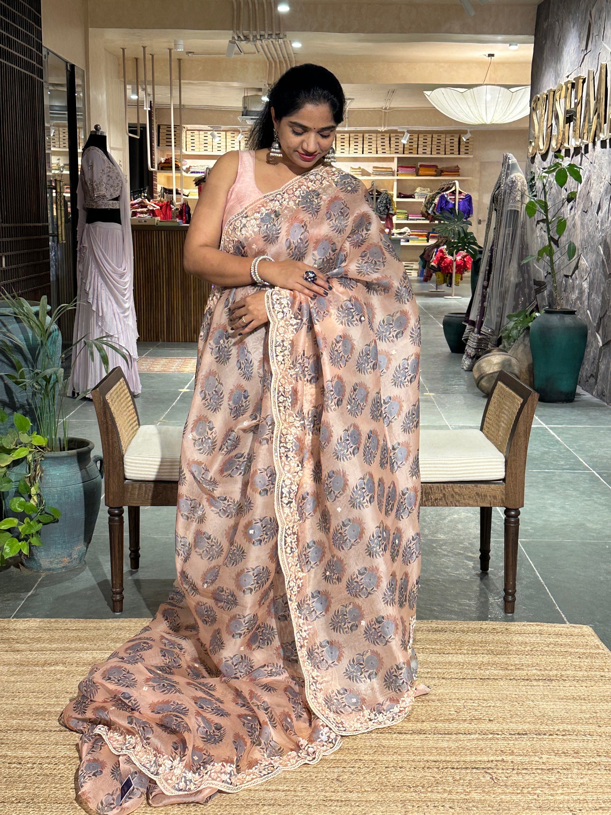 Peach Pure Organza handwork  Saree with Sabyasachi floral print