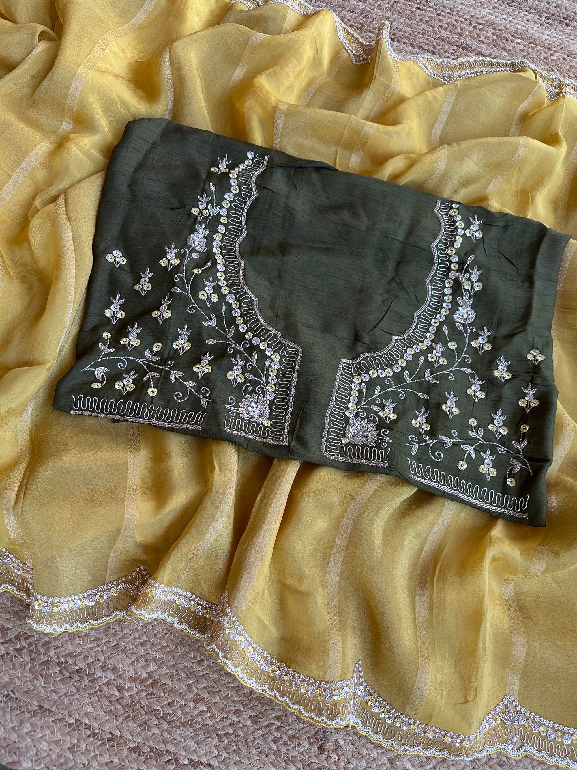 Yellow Tissue and kora brasso Saree with Scalloped handwork borders & blouse