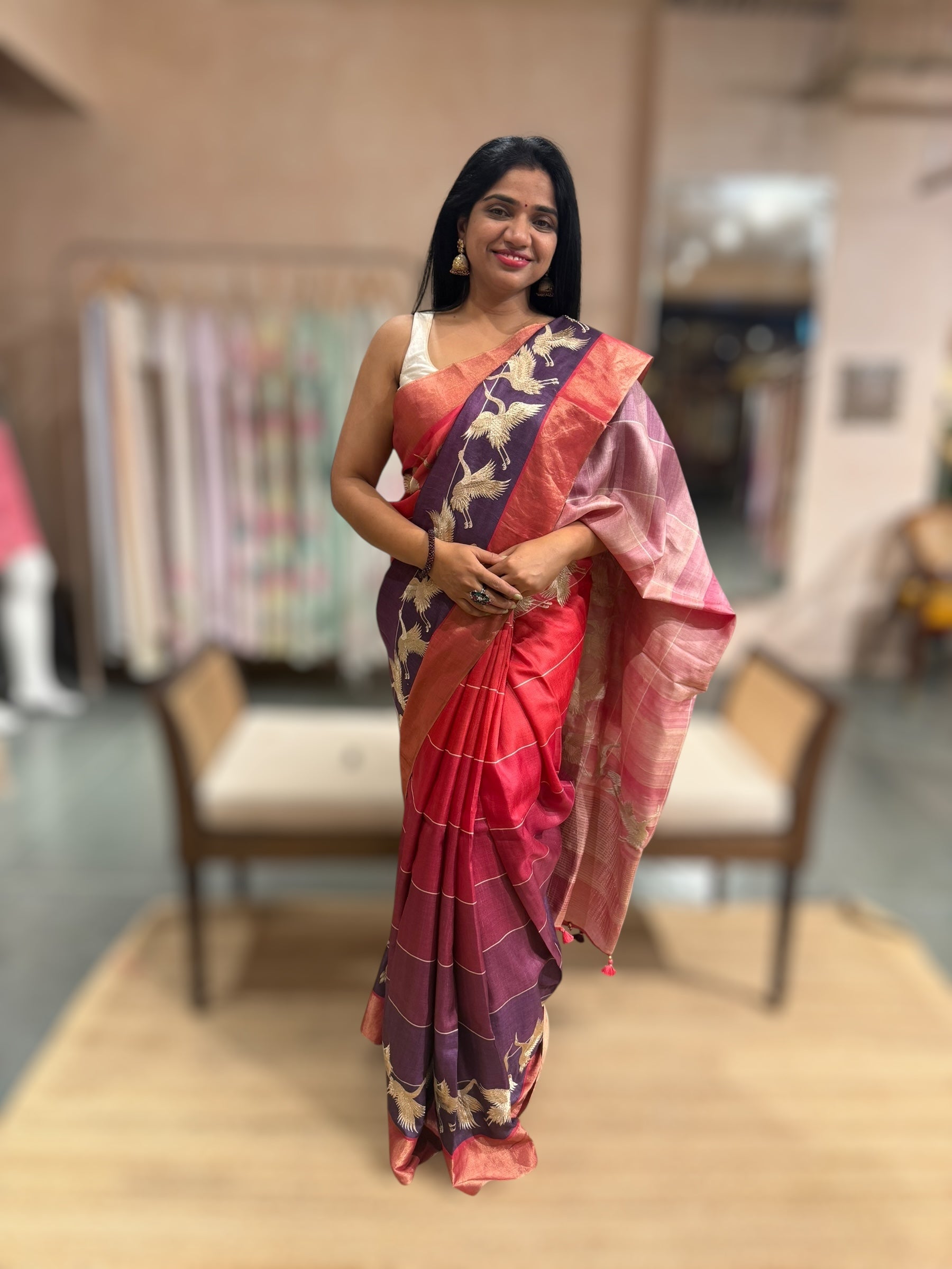 Tussar Rangkaat Saree With Crane Bird  Embroidered Border