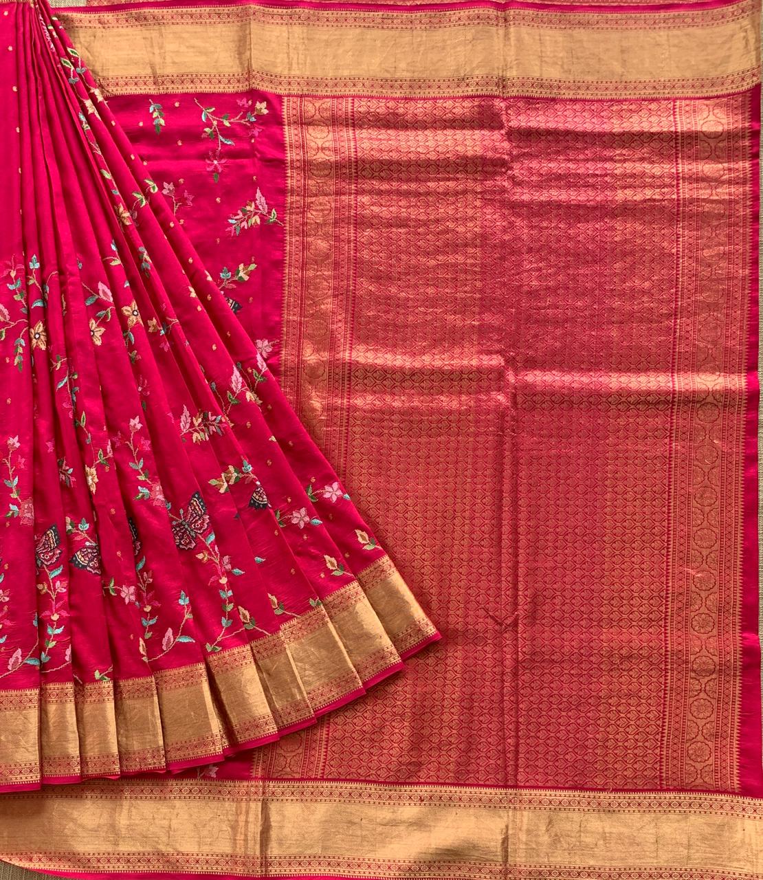 Dark Pink Kanchi  Saree With Allover Petite Point Embroidery