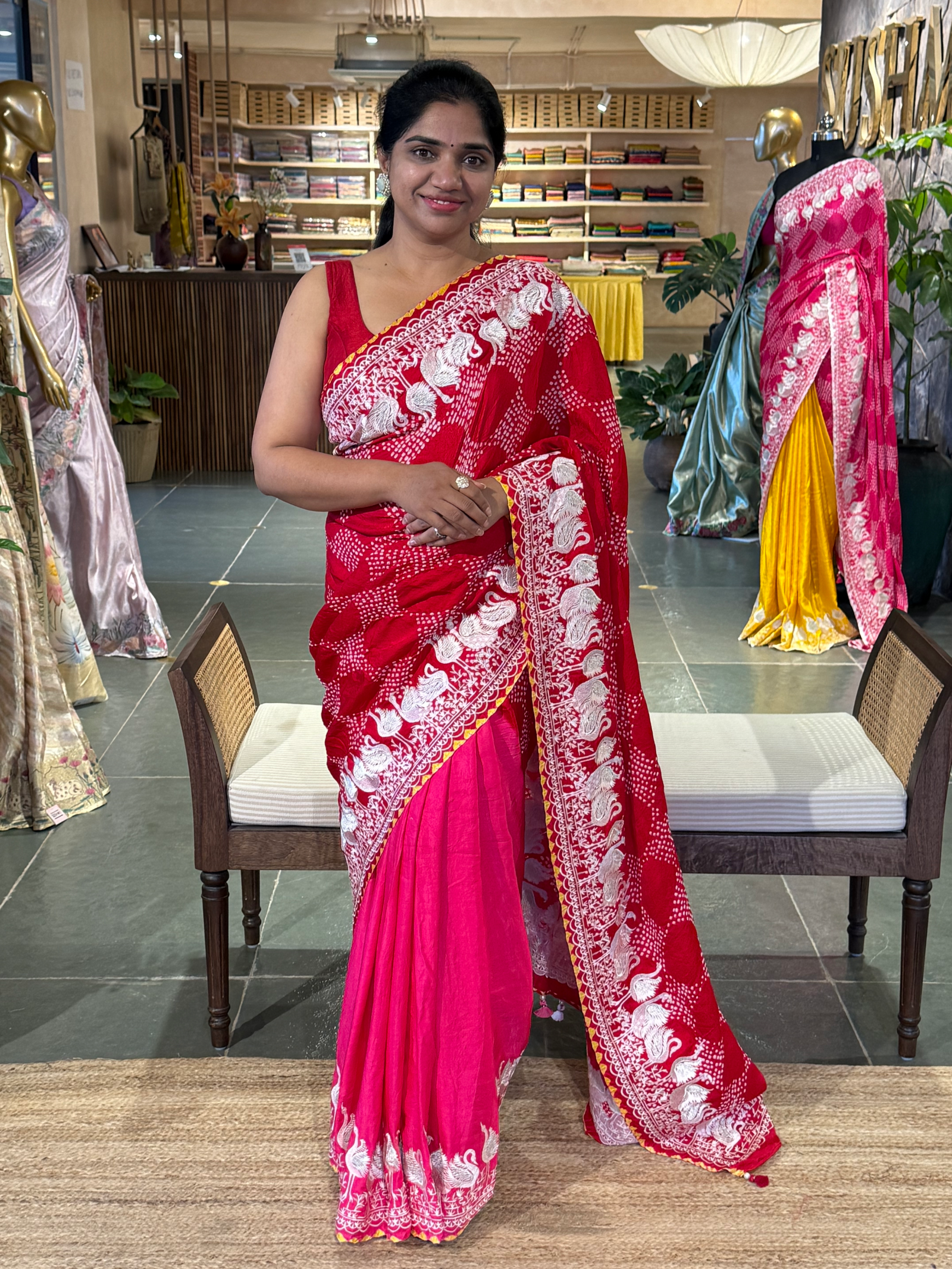 Pure Gajji Silk Rai Bandhej Saree in half and half style with Swan embroidery