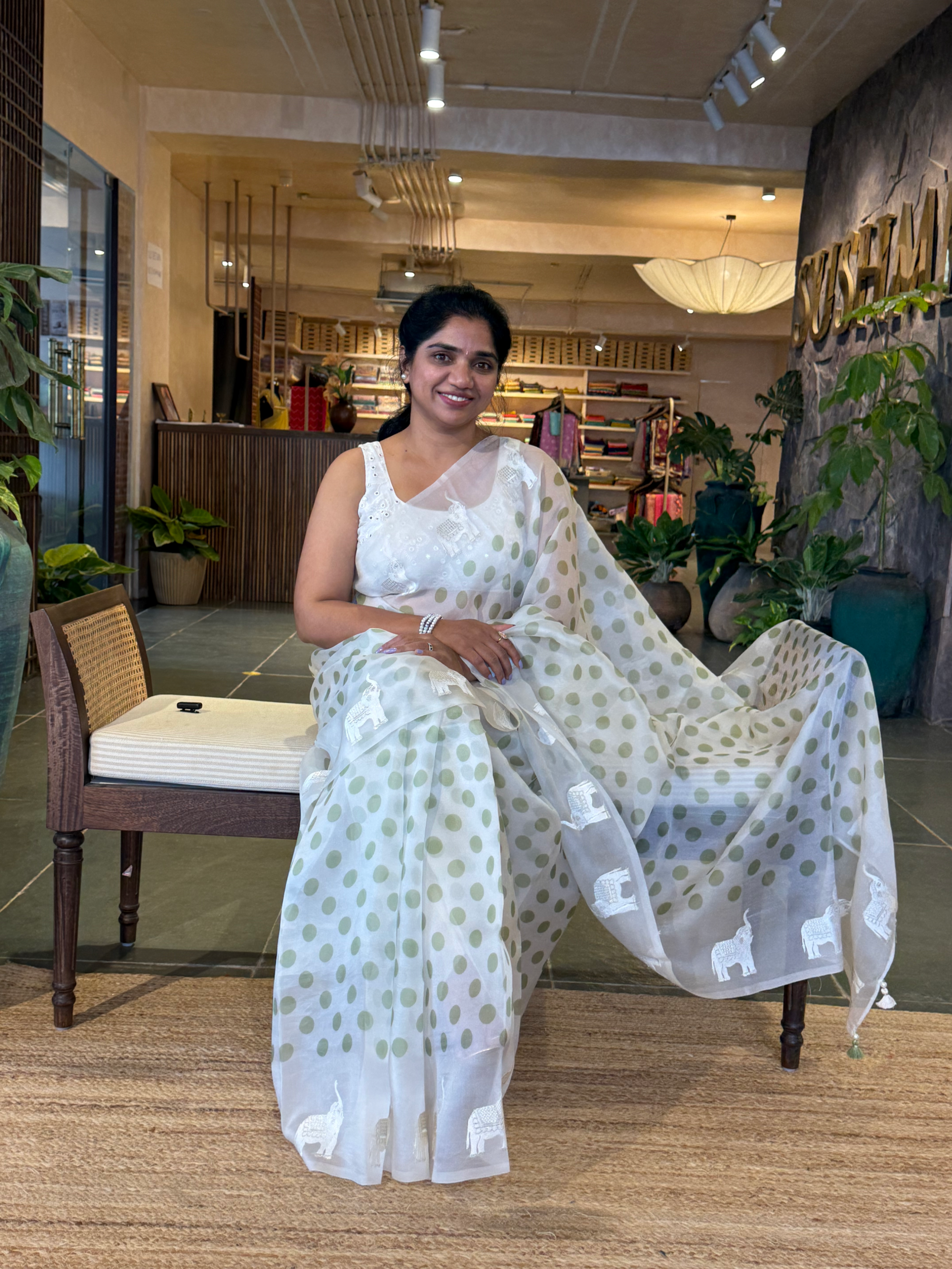 SOCH1304 :White & Green Organza Saree Wth Embroidered ElephantBorder & Floral BP