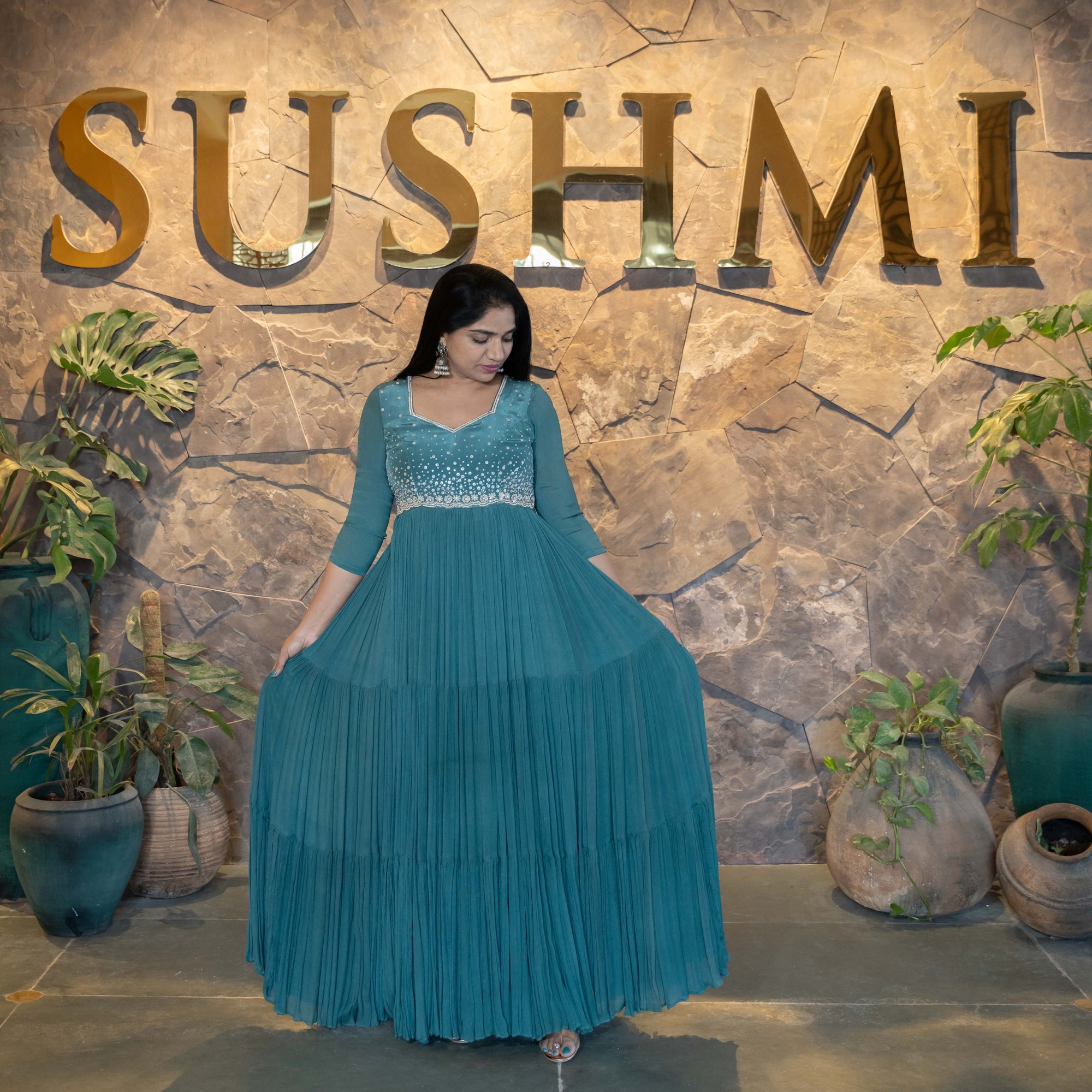 Pure chiffon 3-tiered long frock