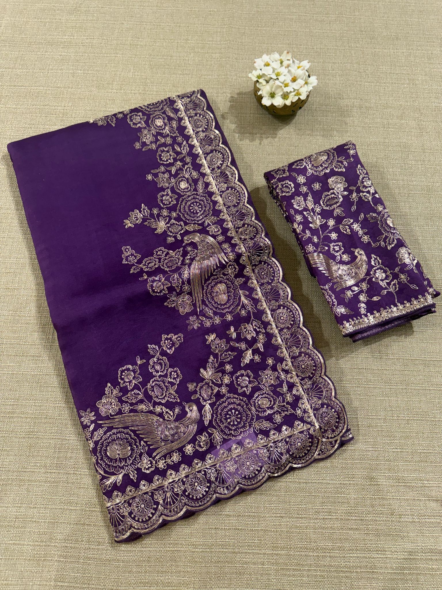 Purple Pure organza Saree with pita emb