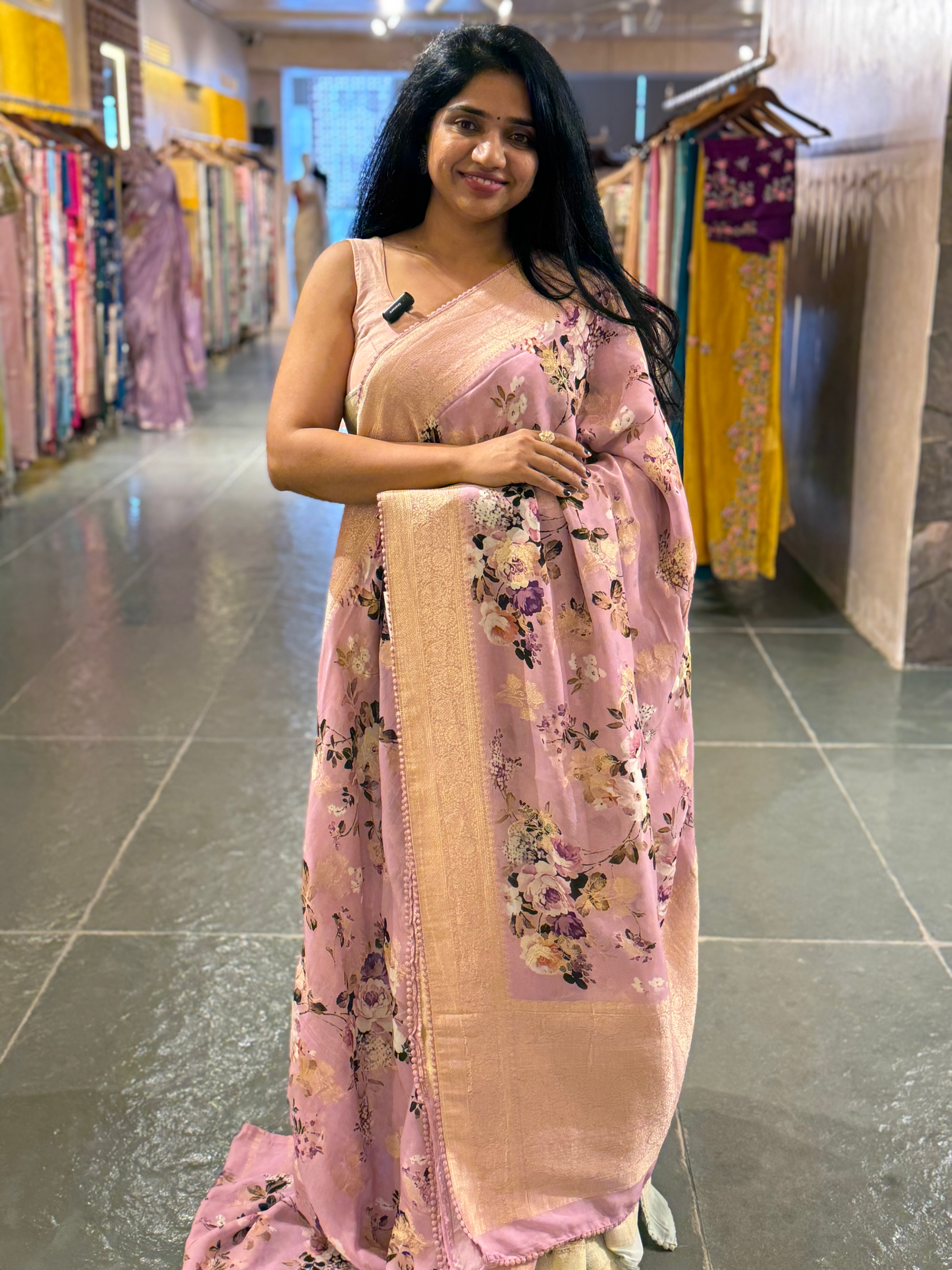Lilac Pink Banarasi Khaddi Gorgette Sarees with Floral Print